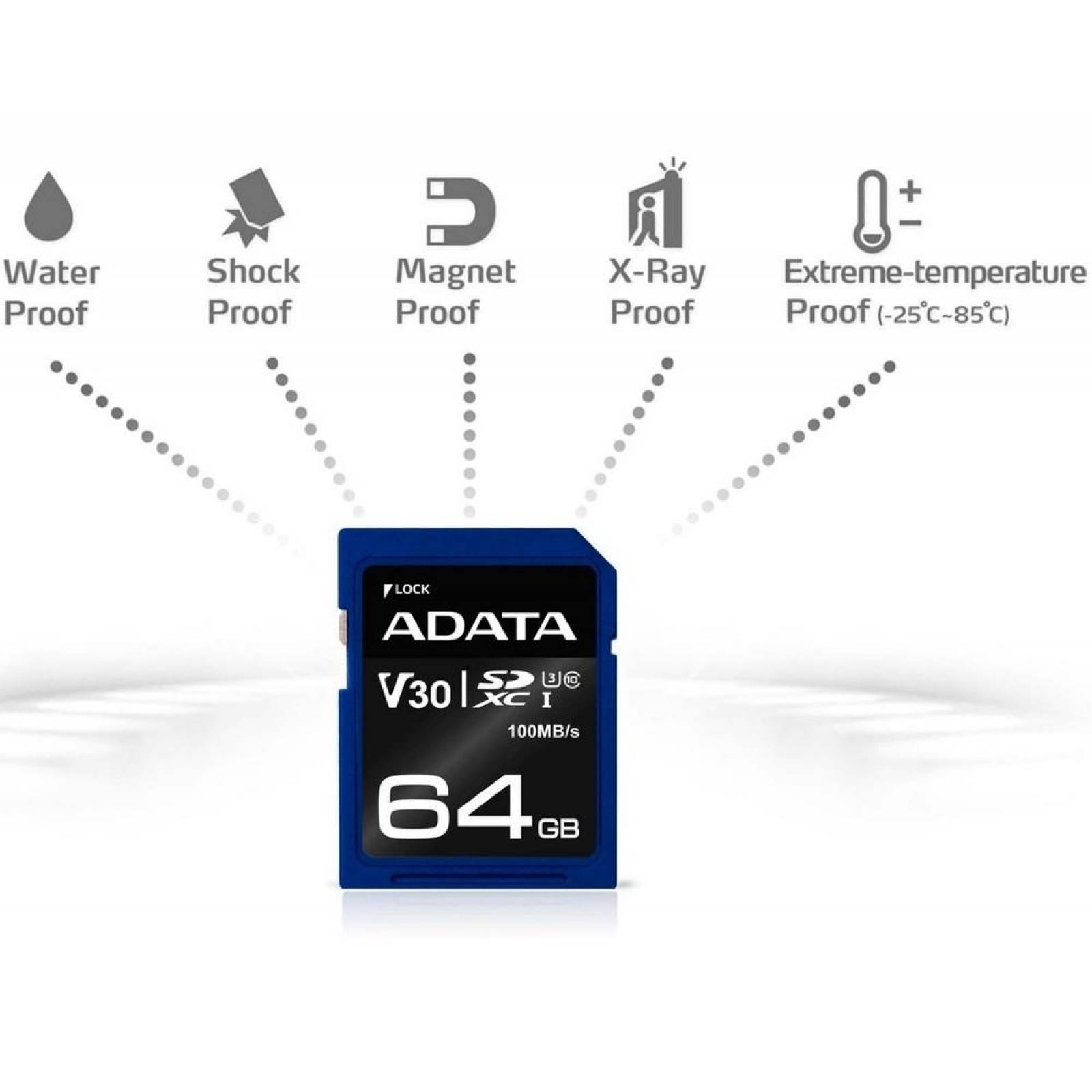 Memoria SD 64GB ADATA Clase 10 Video V30 Full HD 4K Camara Digital ASDX64GUI3V30S-R 
