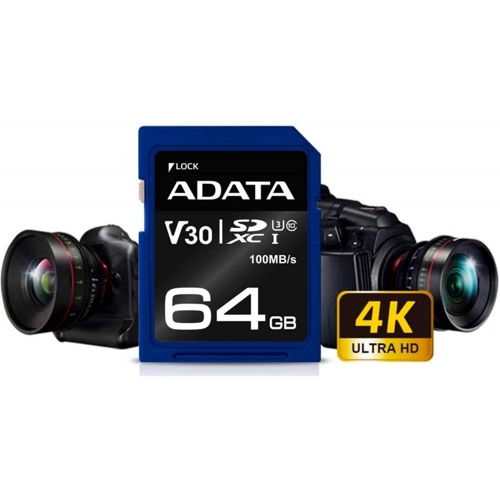 Memoria SD 64GB ADATA Clase 10 Video V30 Full HD 4K Camara Digital ASDX64GUI3V30S-R 