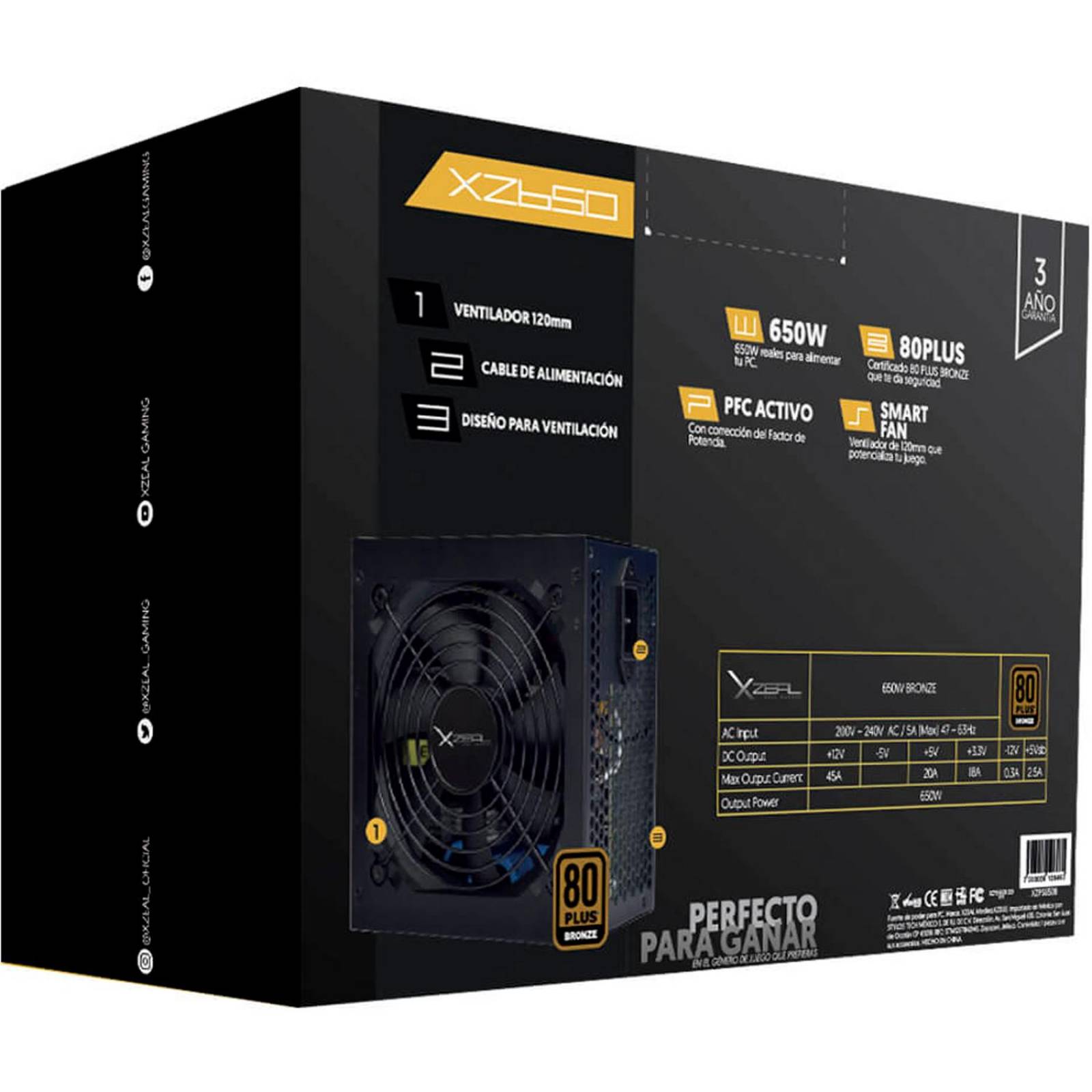 Fuente de Poder PC 650W Gamer XZEAL 80 Plus Bronce XZ650 XZPS650B 