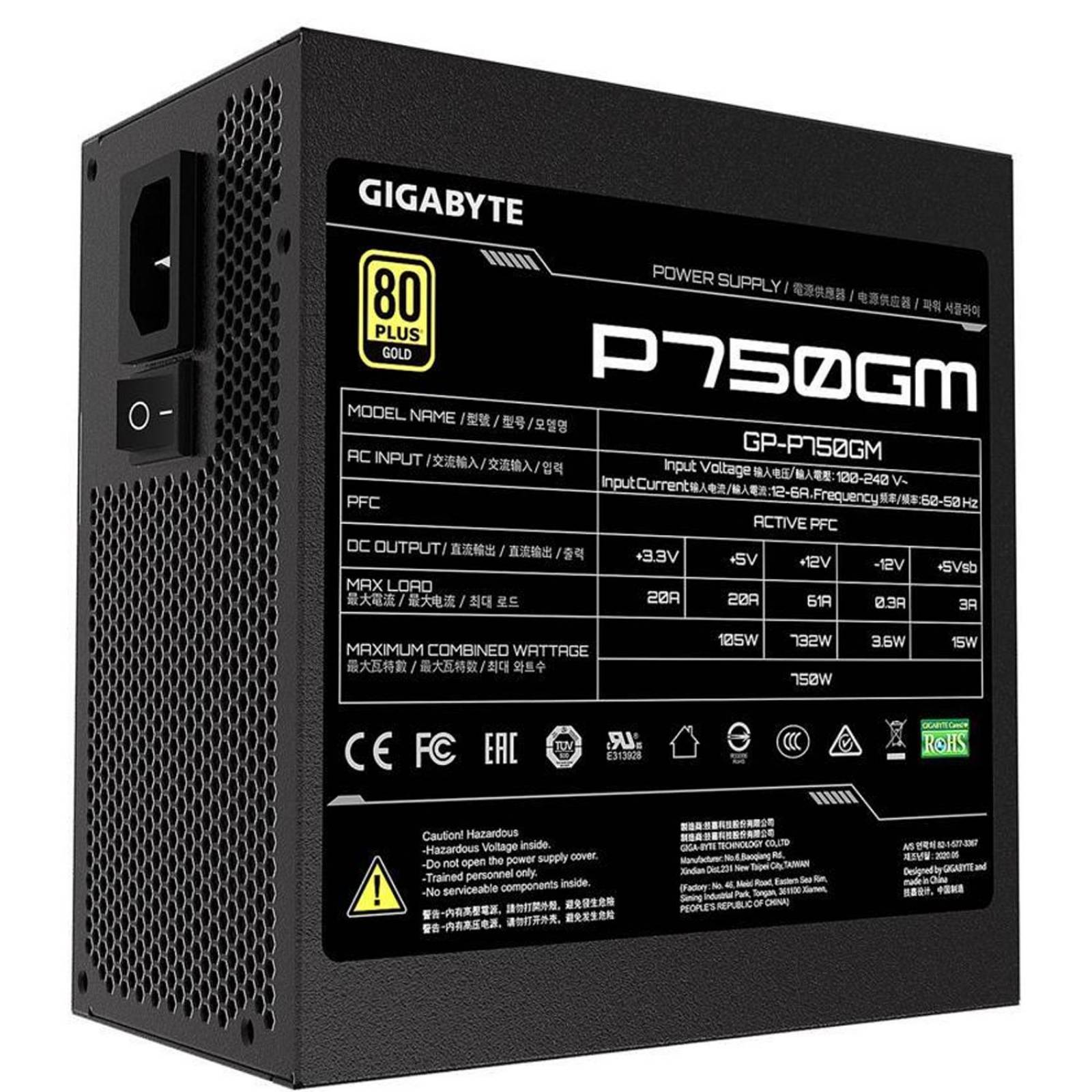 Fuente de Poder GIGABYTE 750W 80 Plus Gold Modular GP-P750GM 