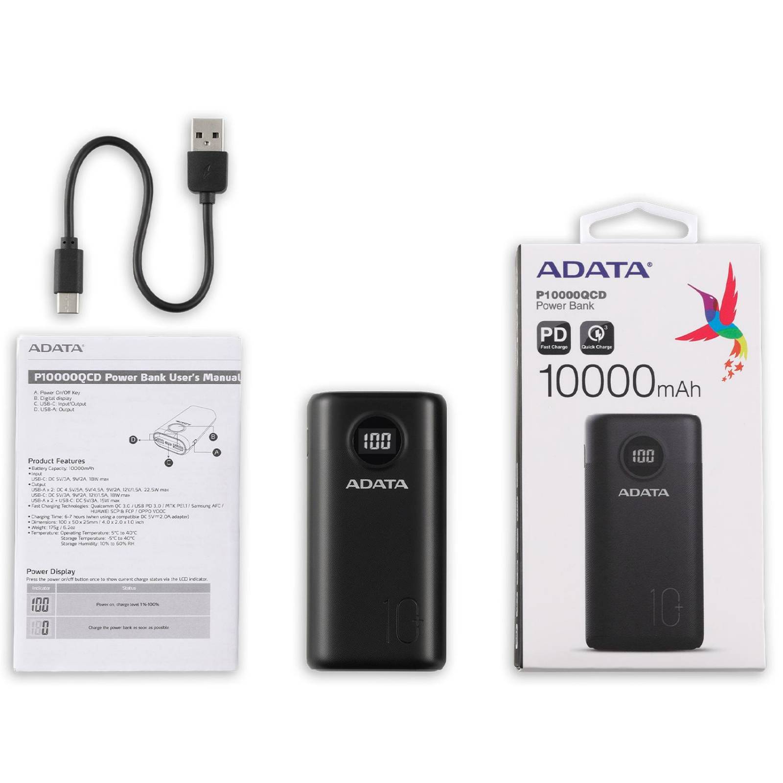 Power Bank 10000MAH ADATA P10000QCD Bateria Portatil Tipo C AP10000QCD-DGT-CBK 