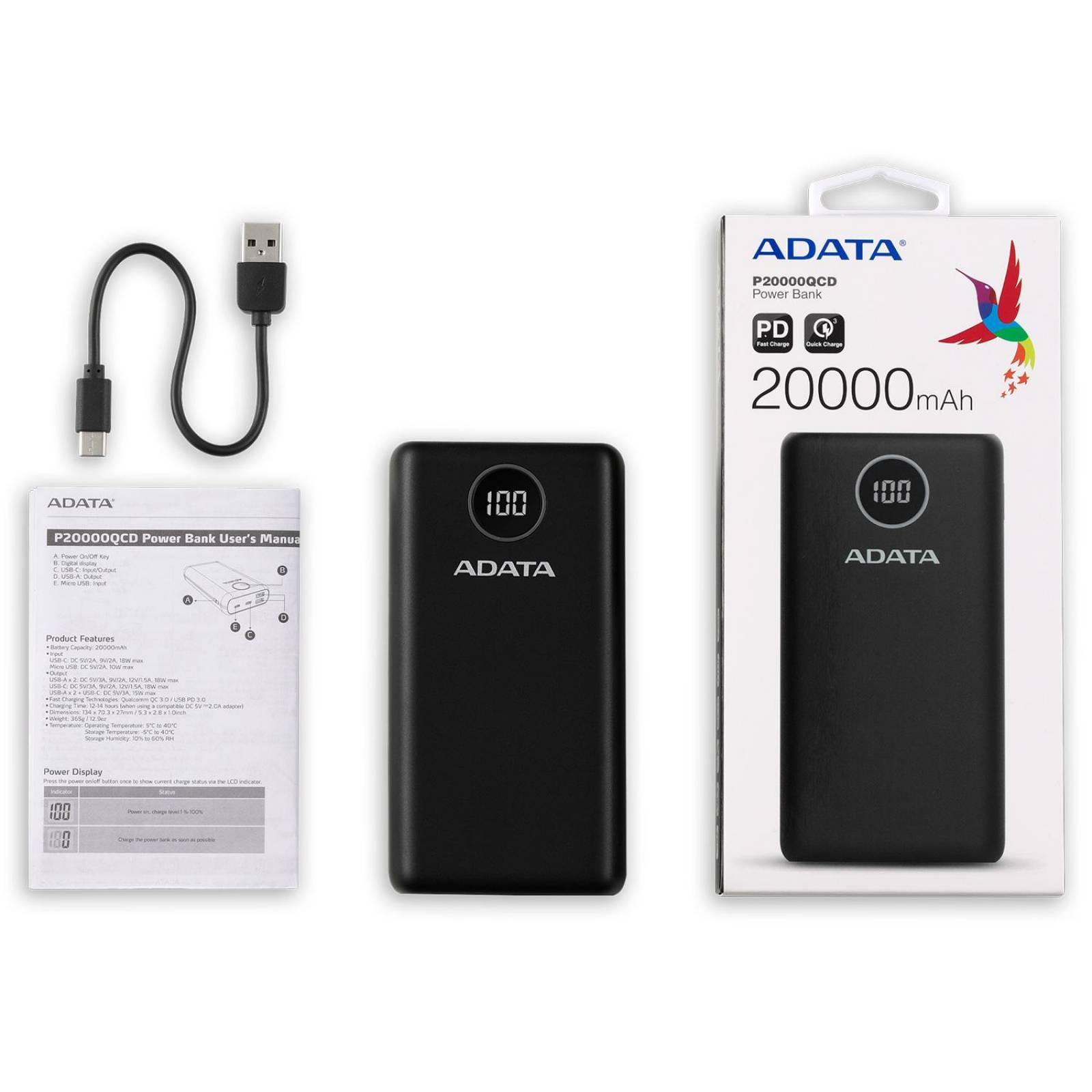 Power Bank 20000MAH ADATA P20000QCD Bateria Portatil Tipo C AP20000QCD-DGT-CBK 