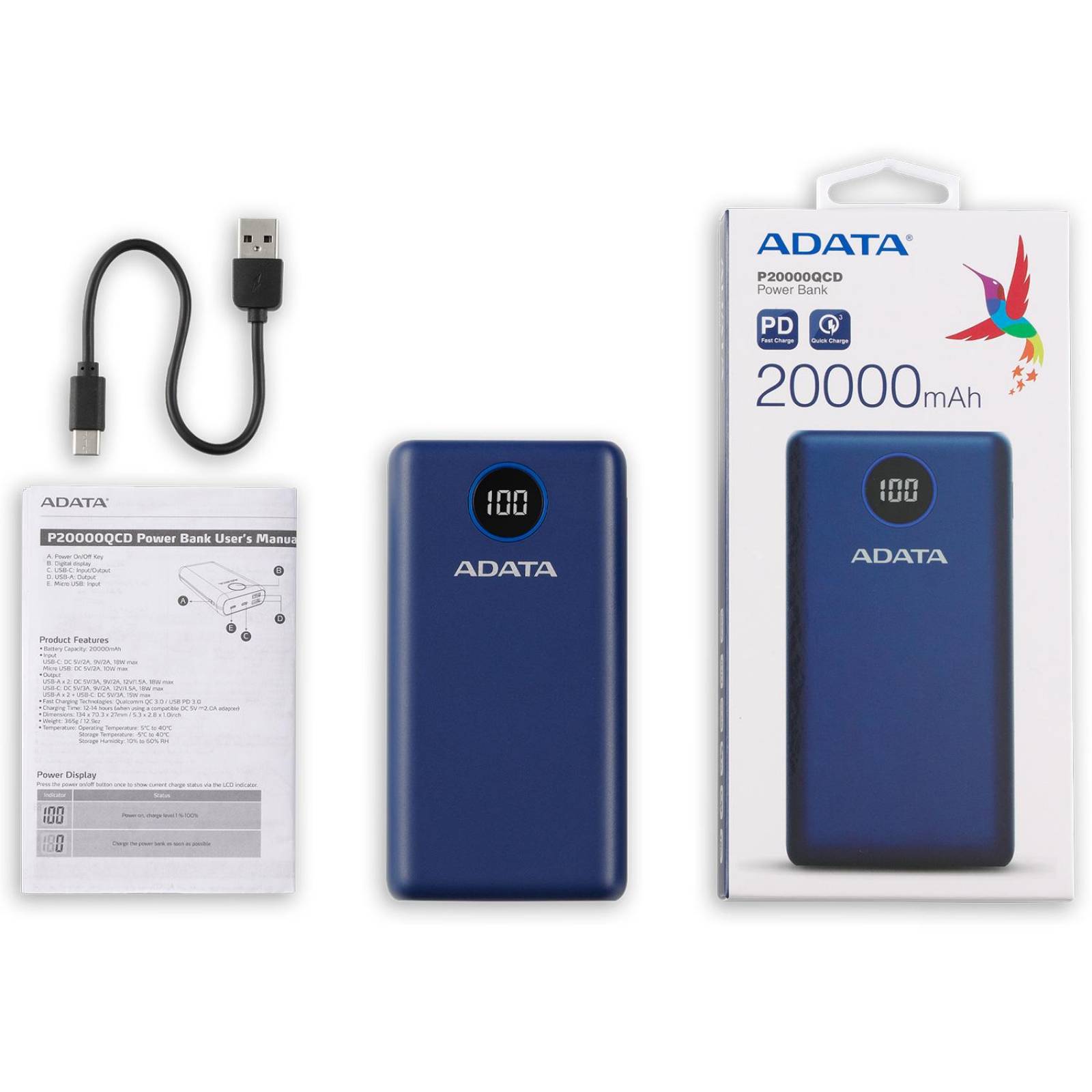 Power Bank 20000MAH ADATA P20000QCD Bateria Portatil Tipo C AP20000QCD-DGT-CDB 