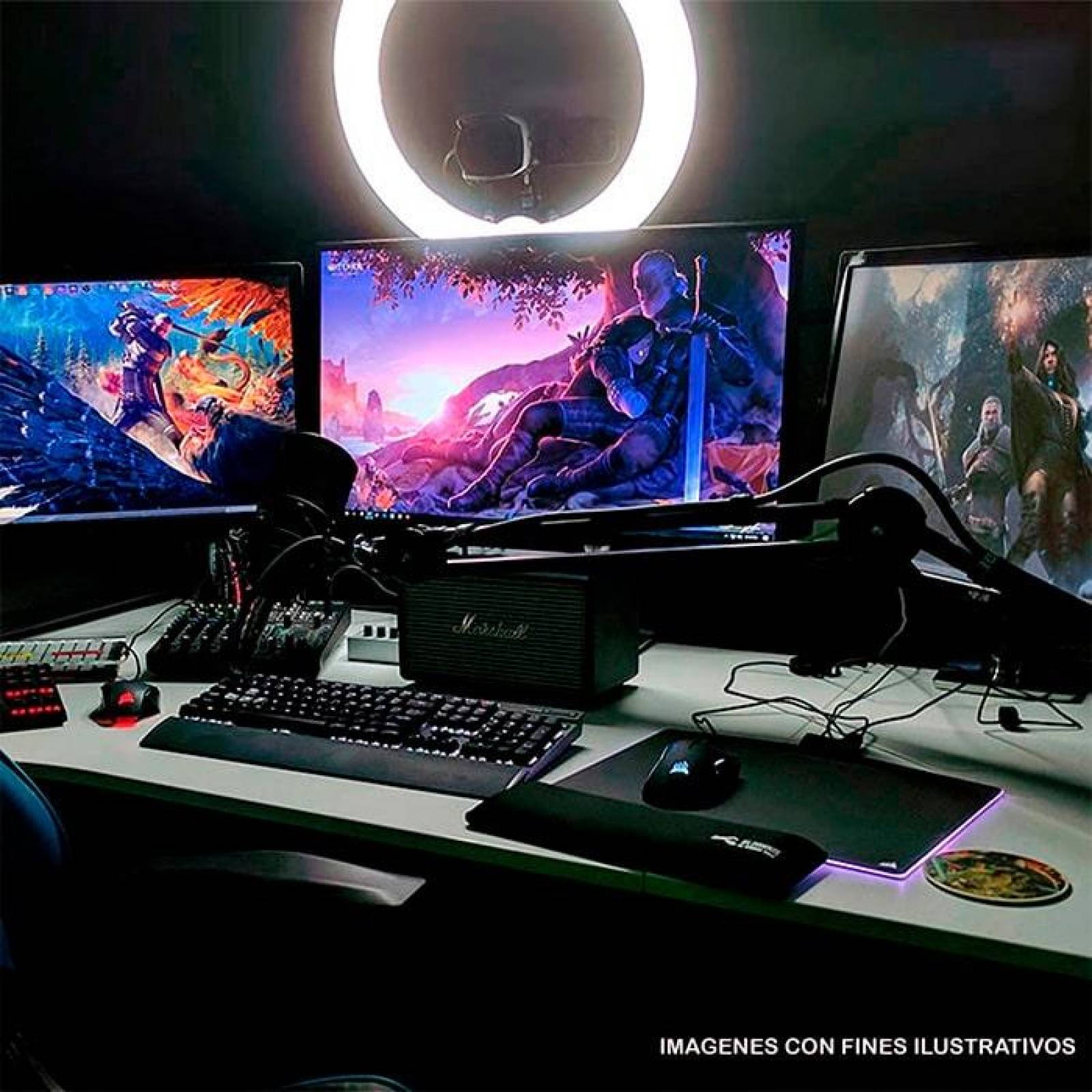 Aro de luz gamer GAME FACTOR LRG300 Streaming video selfie Nivel de Brillo Pedestal USB 