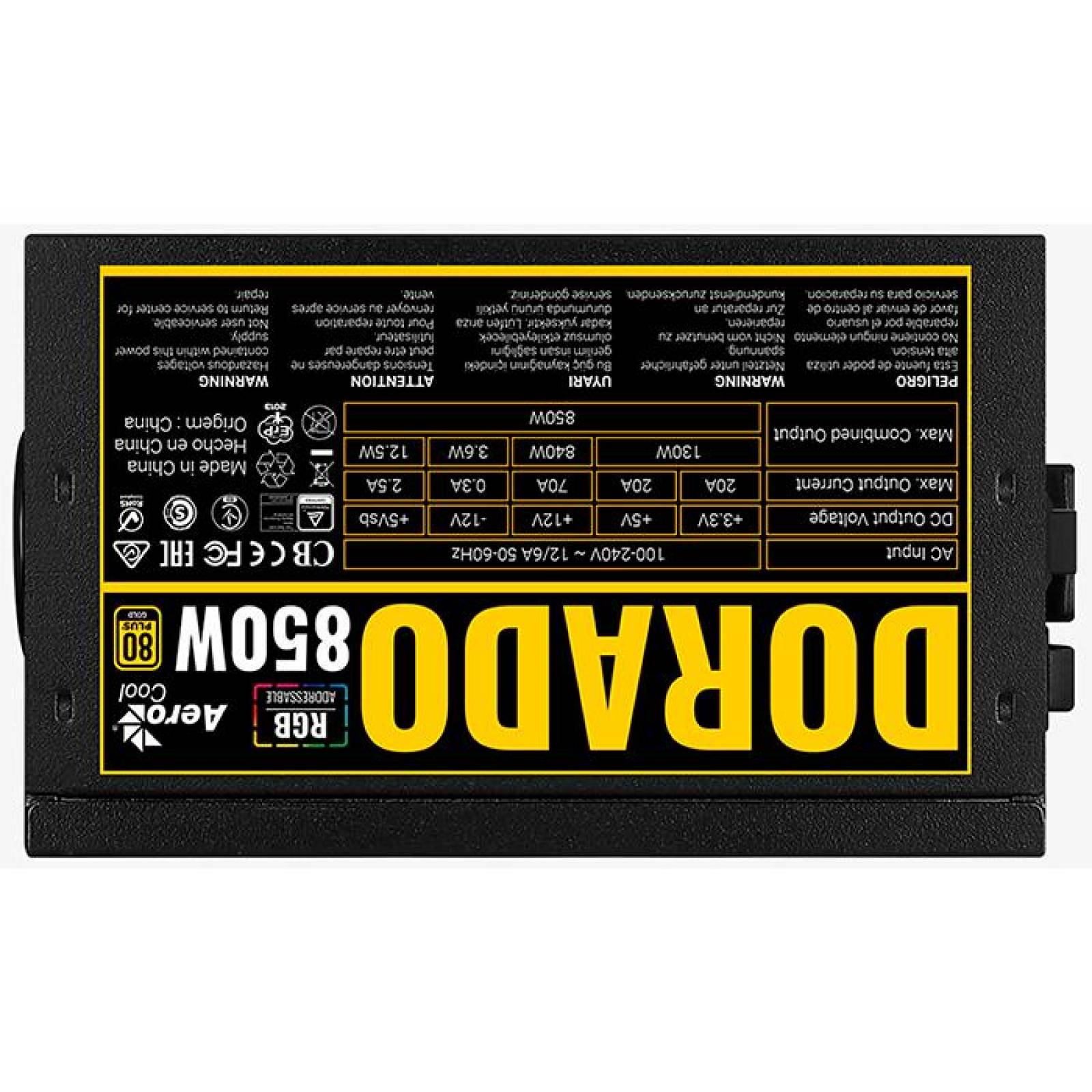 Fuente de Poder Gamer AEROCOOL Dorado 850W 80 Plus Gold ARGB 
