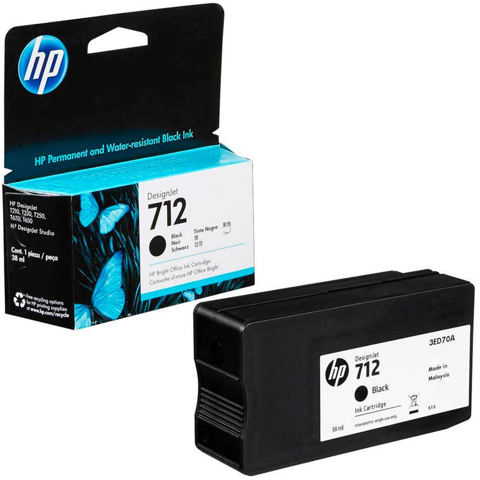 Cartucho HP DESIGNJET 712 Negro T210 T230 T250 T630 T650 38ML 3ED70A 