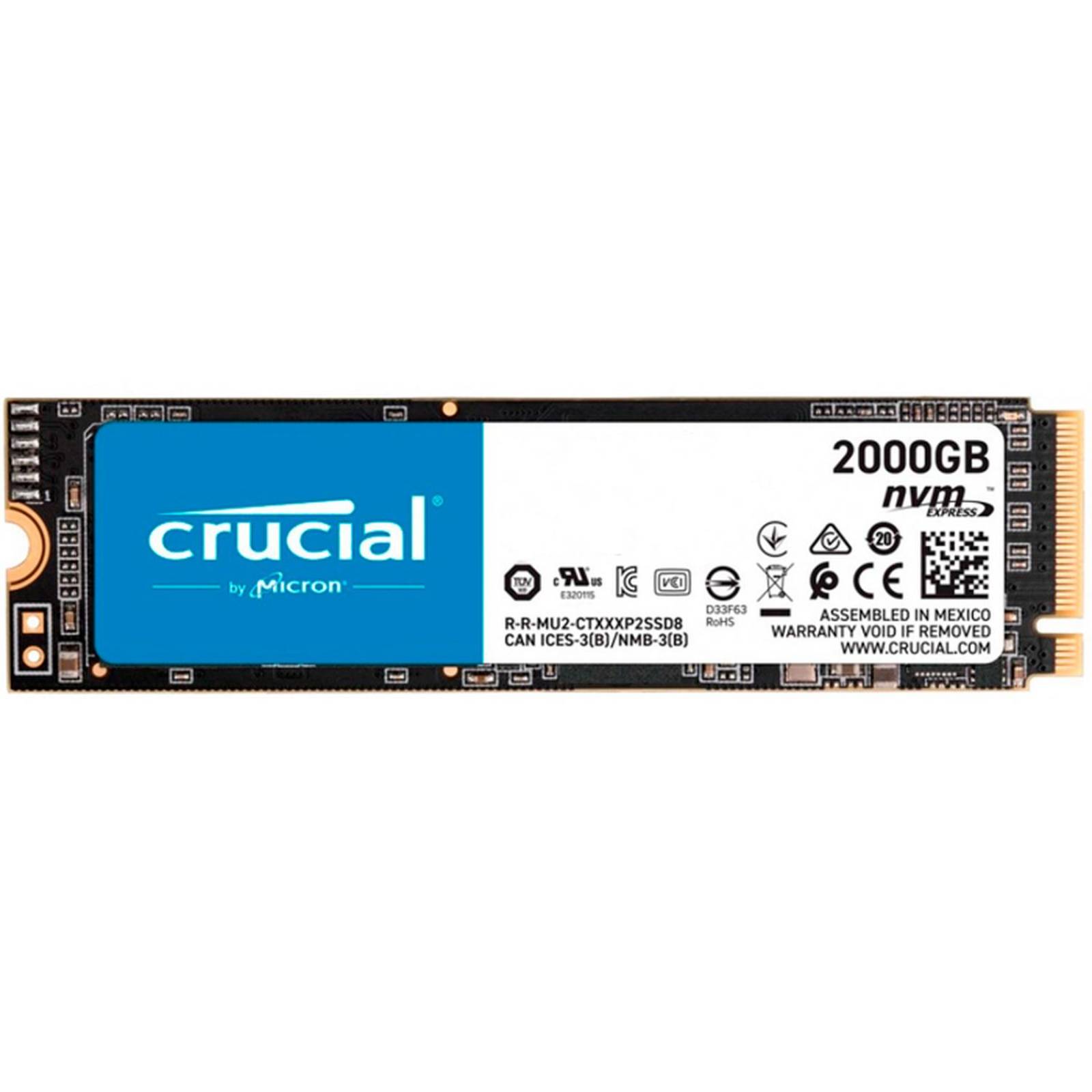 Unidad de Estado Solido SSD M.2 2TB CRUCIAL P2 NVMe PCIe 3.0 2400/1900 MB/s CT2000P2SSD8 