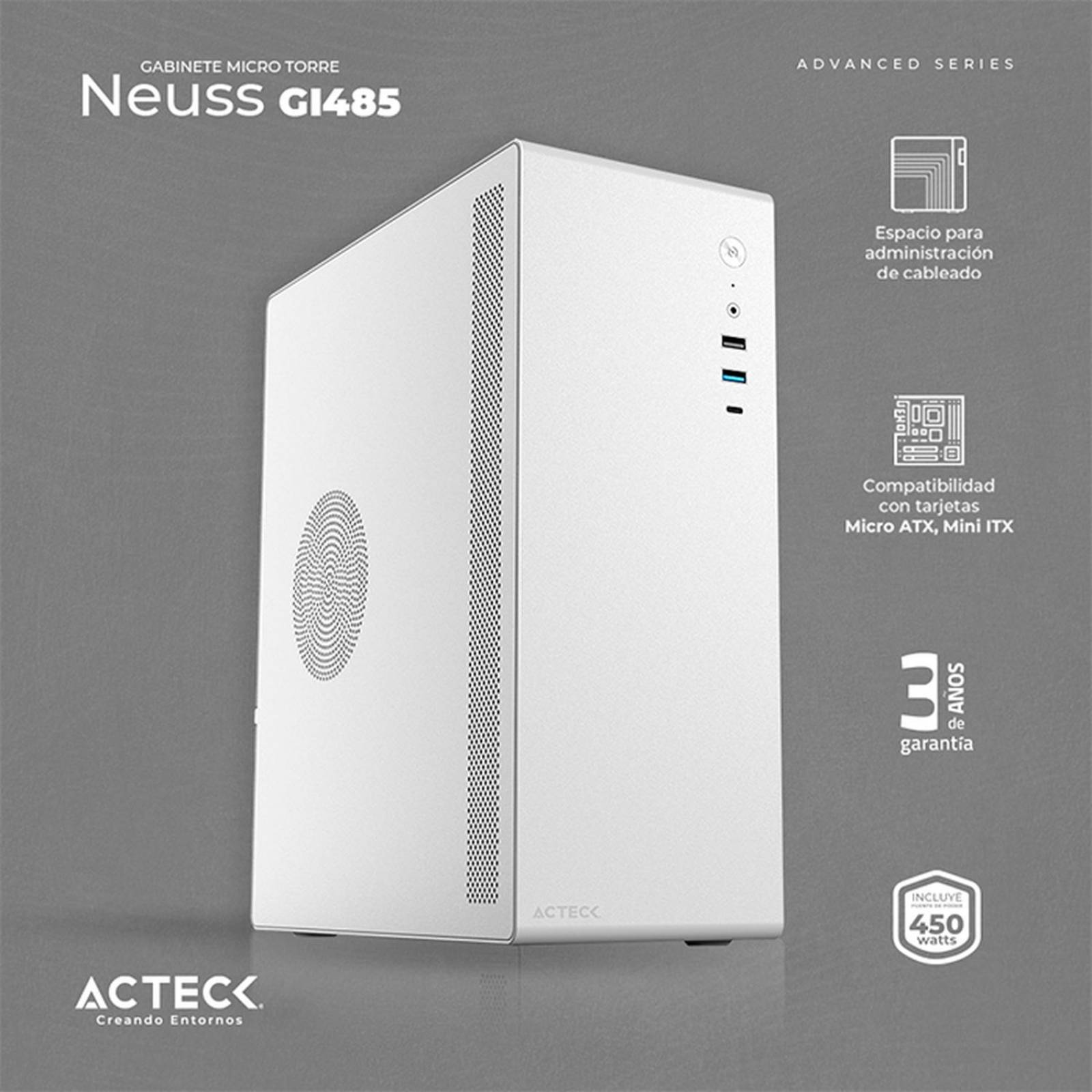 Gabinete ACTECK NEUSS GI485 Micro ATX Mini Torre Fuente 450W Metal USB-C Blanco AC-935159 