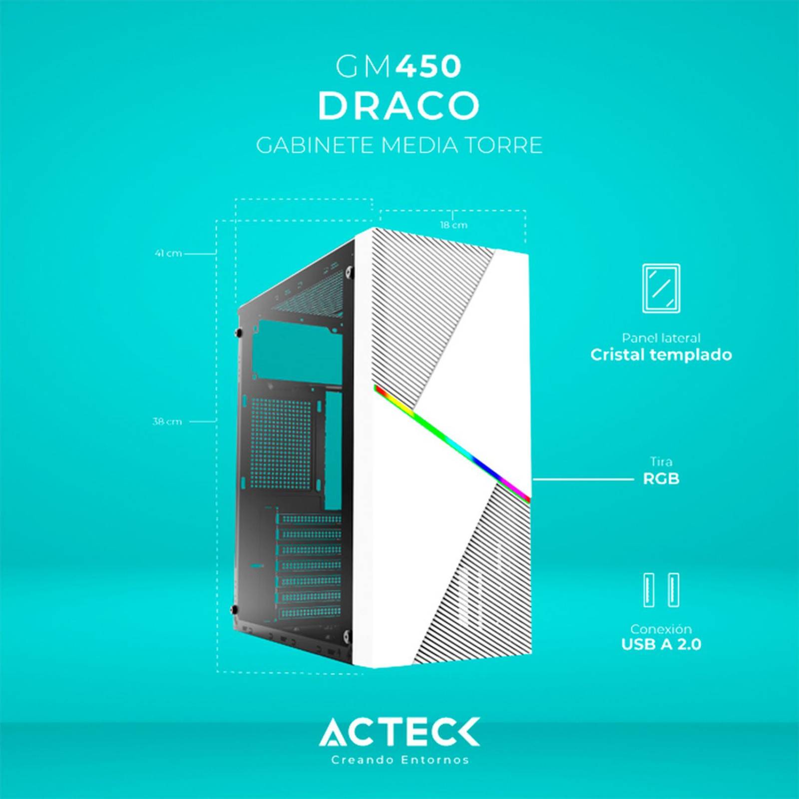 Gabinete ACTECK DRACO GM450 ATX Media Torre Fuente 500W Cristal Templado Blanco AC-935722 
