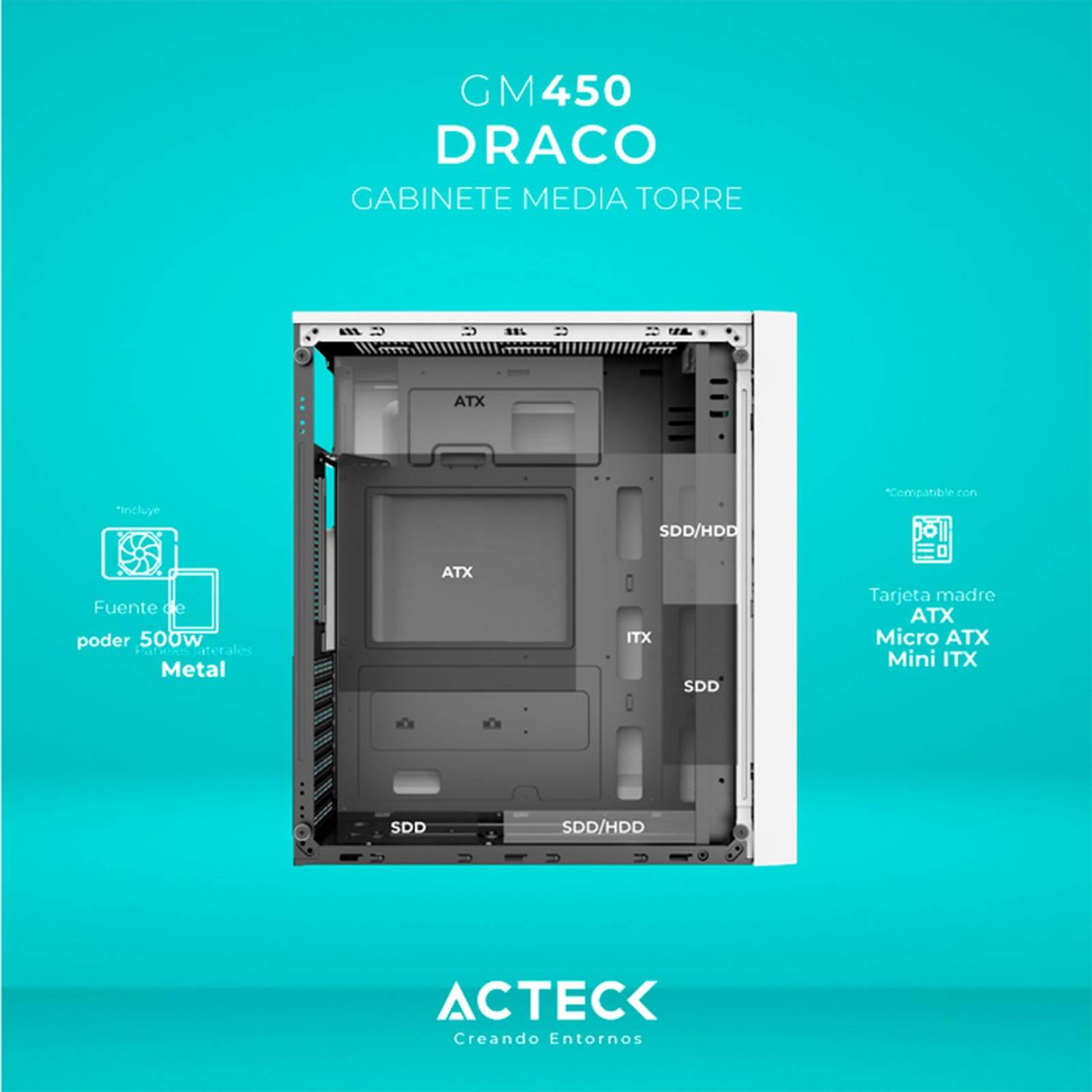 Gabinete ACTECK DRACO GM450 ATX Media Torre Fuente 500W Cristal Templado Blanco AC-935722 