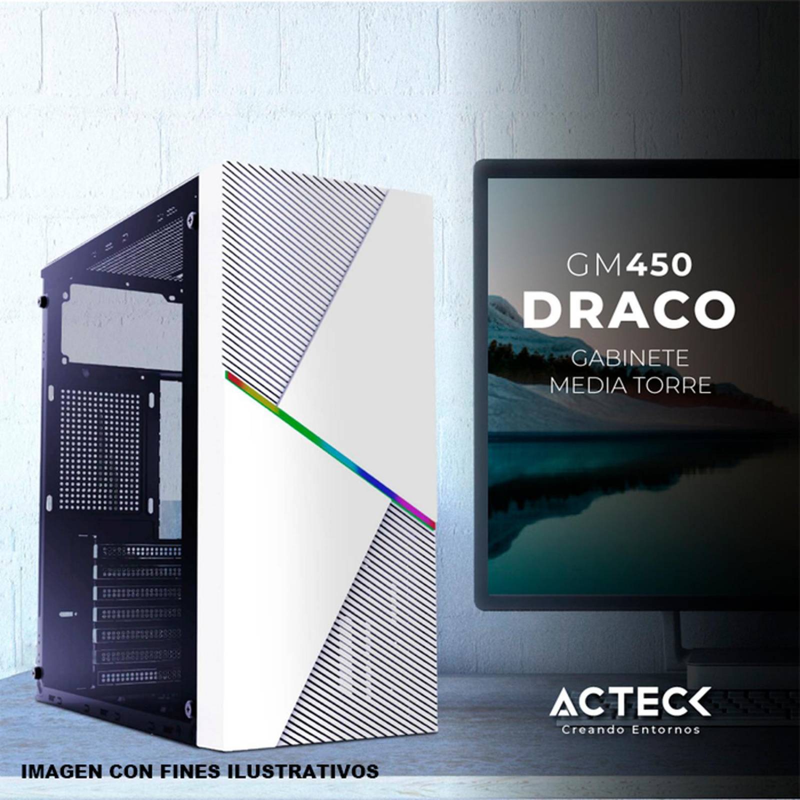 Gabinete ACTECK DRACO GM450 ATX Media Torre Fuente 500W Cristal Templado Blanco AC-935722 