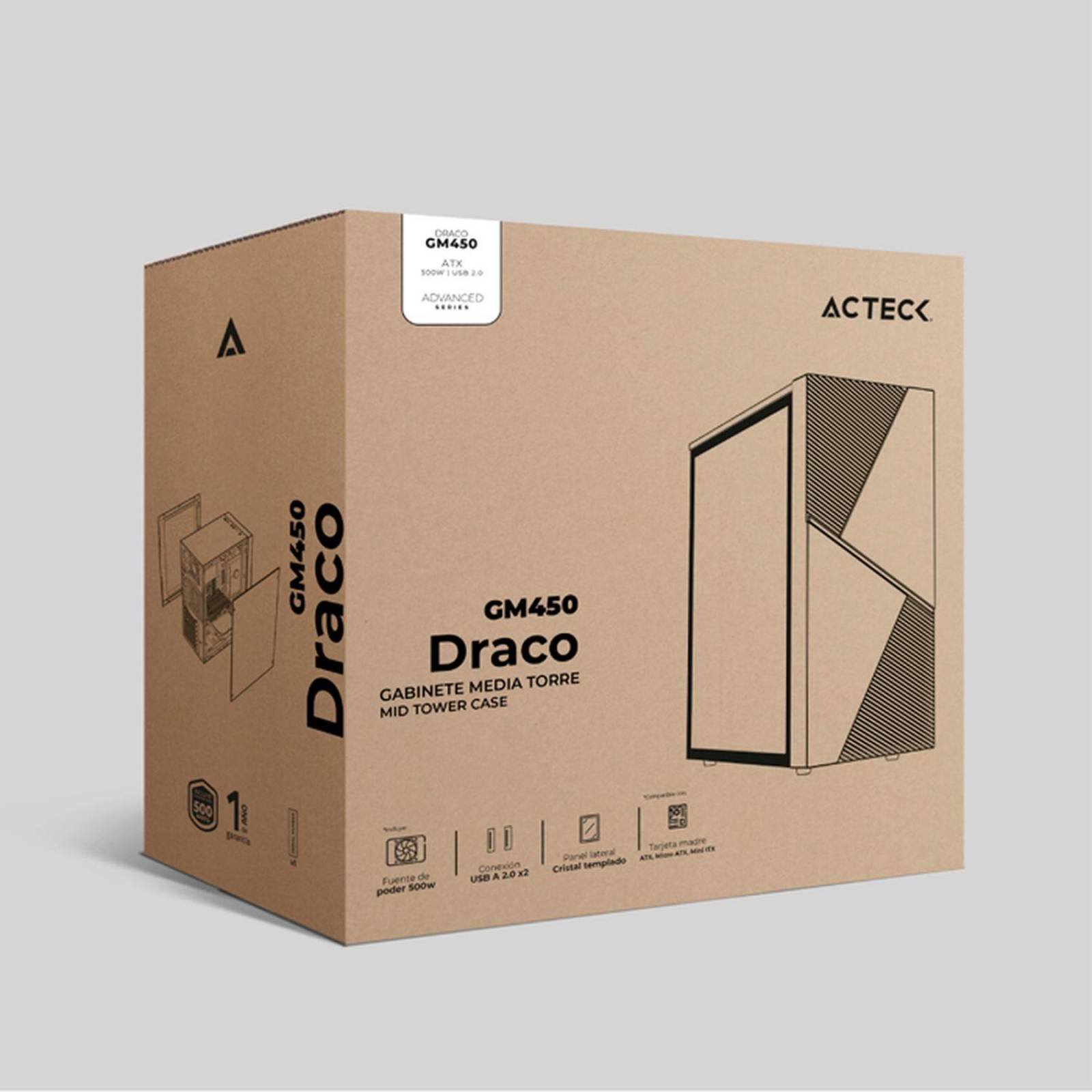 Gabinete ACTECK DRACO GM450 ATX Media Torre Fuente 500W Cristal Templado Blanco AC-935722 
