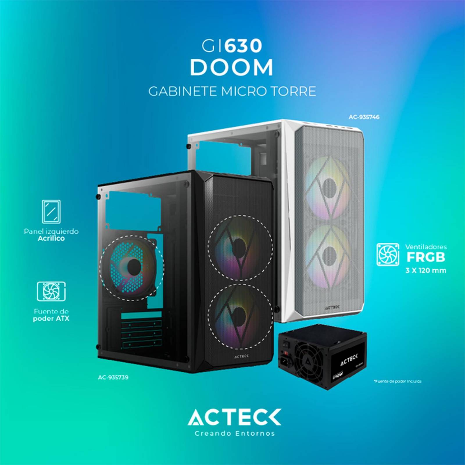 Gabinete ACTECK DOOM GI630 Micro ATX Mini Torre Fuente 500W 3 Fan Acrilico Blanco AC-935746 
