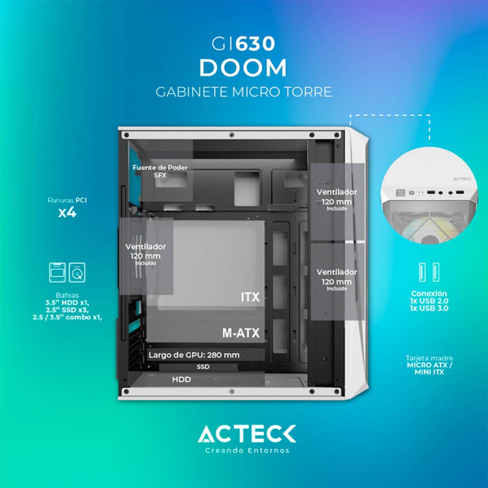 Gabinete ACTECK DOOM GI630 Micro ATX Mini Torre Fuente 500W 3 Fan Acrilico Blanco AC-935746 