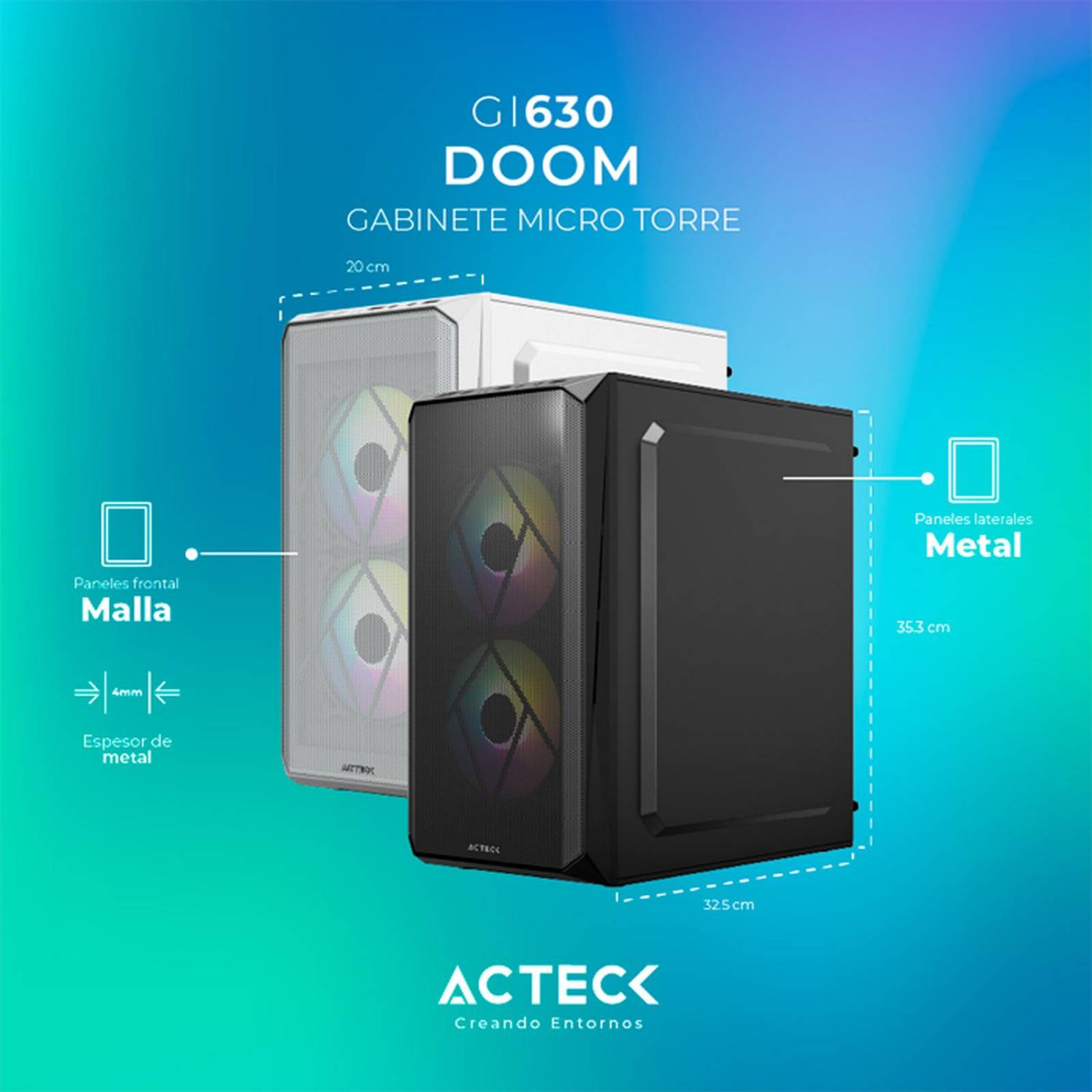 Gabinete ACTECK DOOM GI630 Micro ATX Mini Torre Fuente 500W 3 Fan Acrilico Blanco AC-935746 