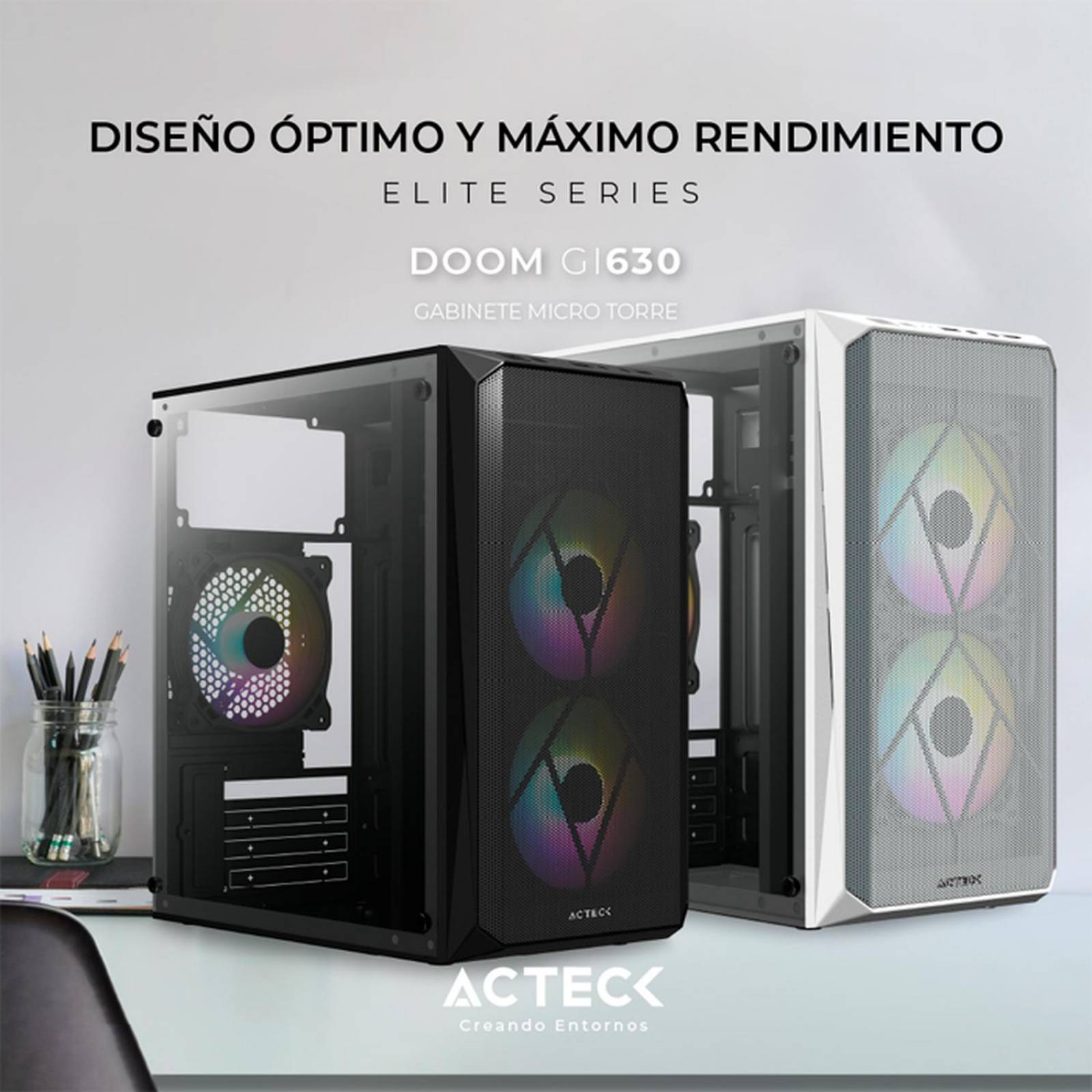 Gabinete ACTECK DOOM GI630 Micro ATX Mini Torre Fuente 500W 3 Fan Acrilico Blanco AC-935746 
