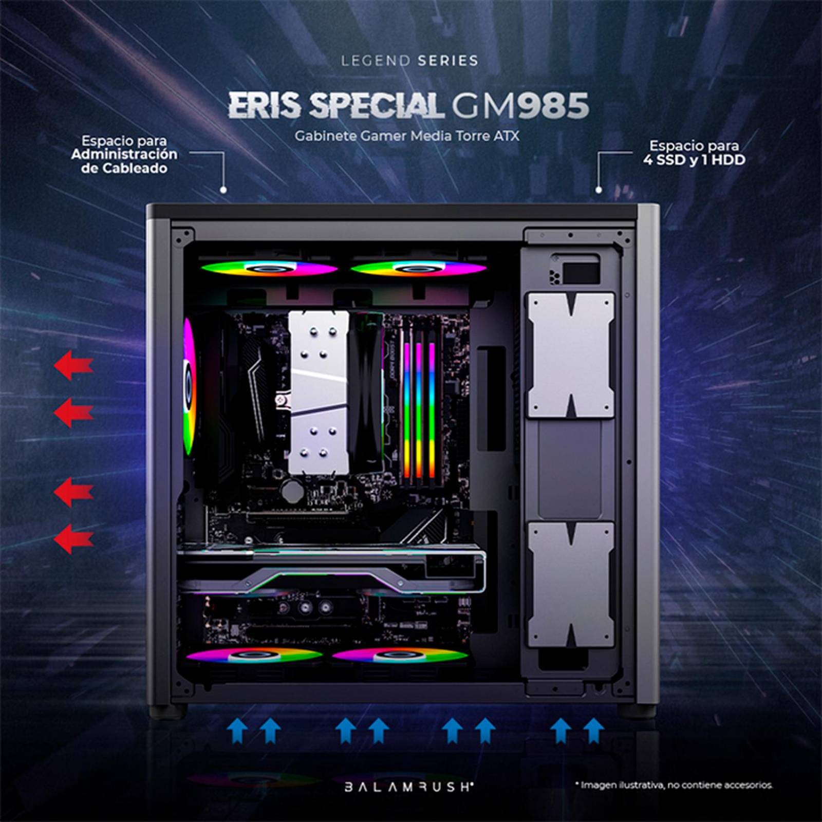 Gabinete Gamer BALAM RUSH ERIS SPECIAL GM985 ATX Media Torre Cristal templado USB-C Gris BR-935654 