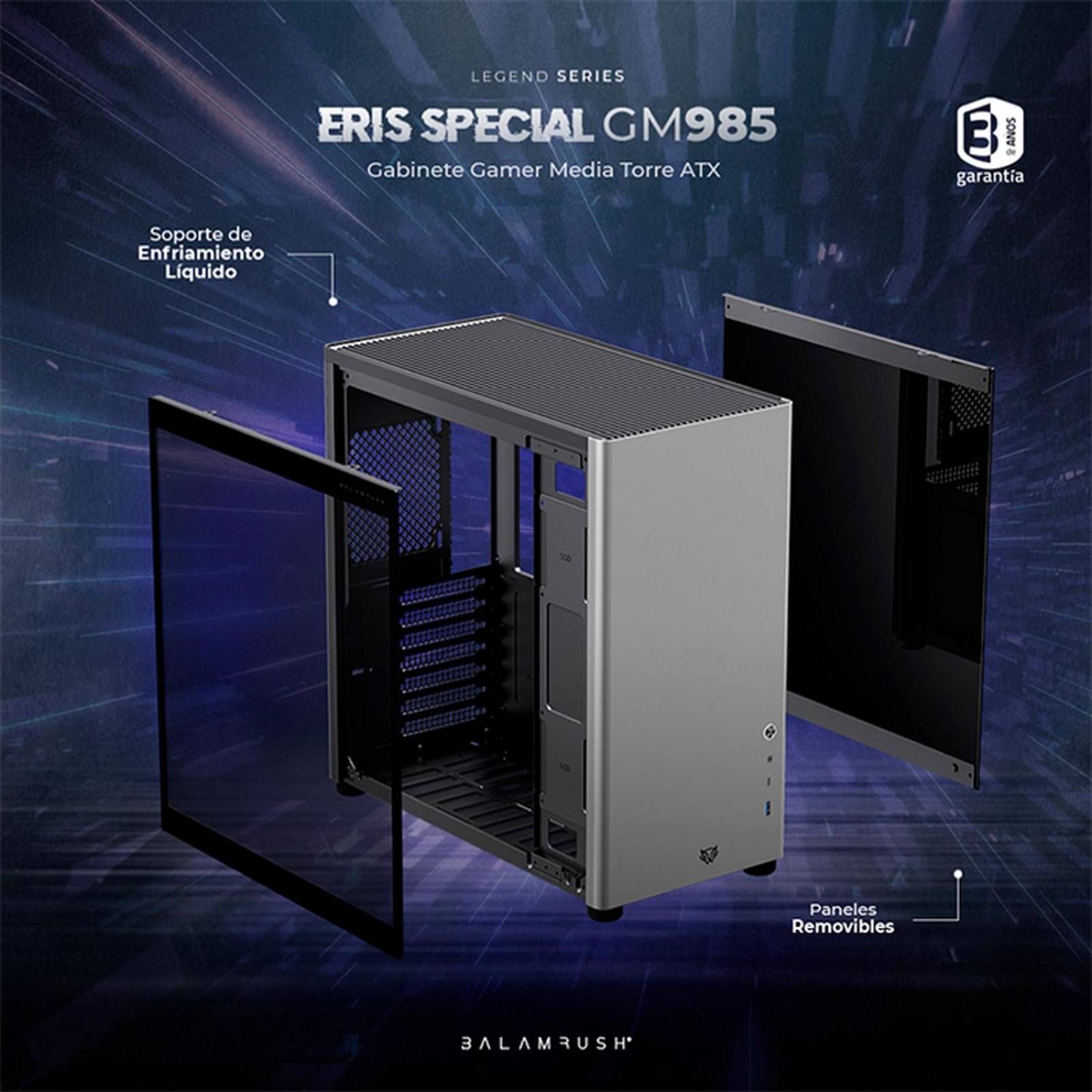 Gabinete Gamer BALAM RUSH ERIS SPECIAL GM985 ATX Media Torre Cristal templado USB-C Gris BR-935654 