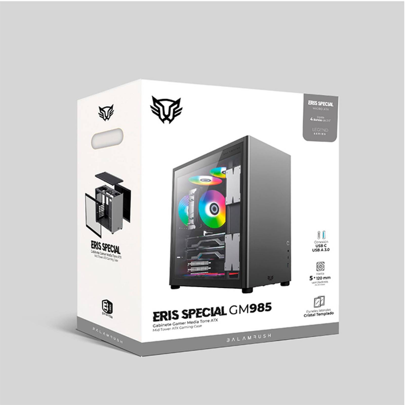 Gabinete Gamer BALAM RUSH ERIS SPECIAL GM985 ATX Media Torre Cristal templado USB-C Gris BR-935654 