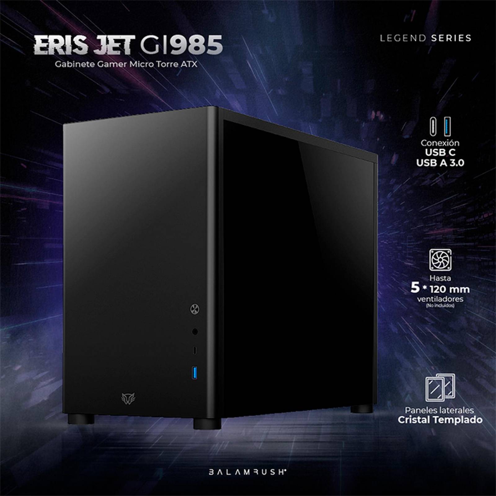 Gabinete Gamer BALAM RUSH ERIS JET GI985 M-ATX Mini Torre Cristal Templado USB-C Negro BR-934947 