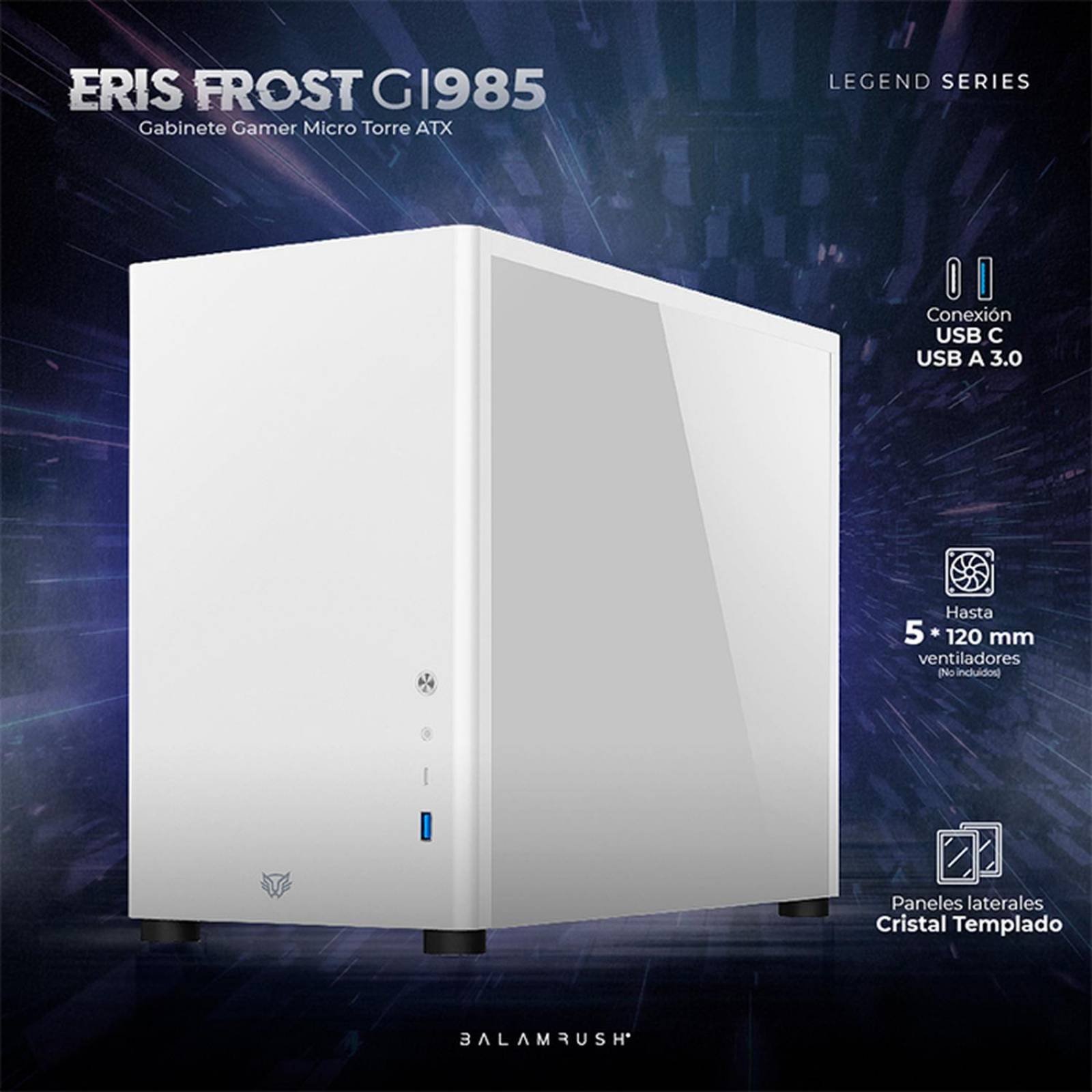 Gabinete Gamer BALAM RUSH ERIS FROST GI985 M-ATX Mini Torre Cristal Templado USB-C Blanco BR-935647