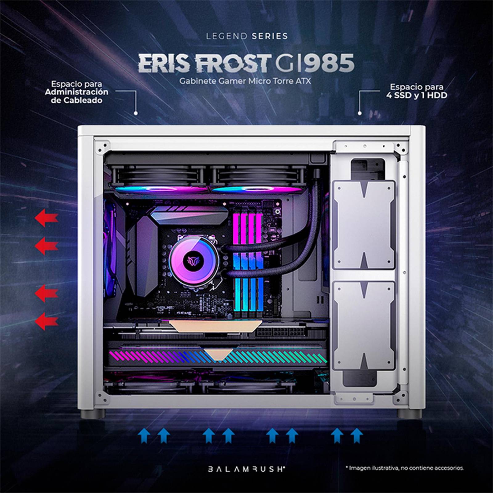 Gabinete Gamer BALAM RUSH ERIS FROST GI985 M-ATX Mini Torre Cristal Templado USB-C Blanco BR-935647
