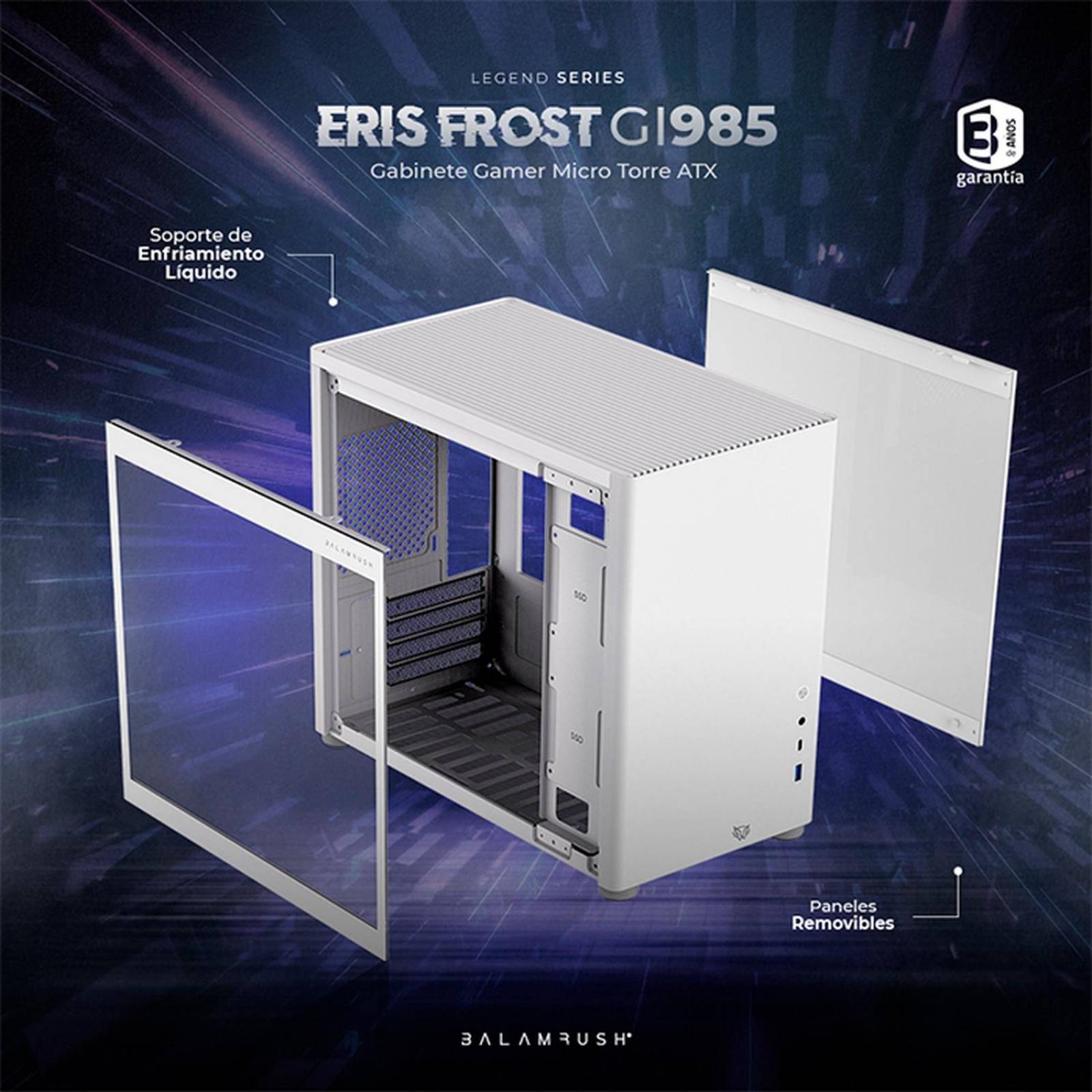Gabinete Gamer BALAM RUSH ERIS FROST GI985 M-ATX Mini Torre Cristal Templado USB-C Blanco BR-935647