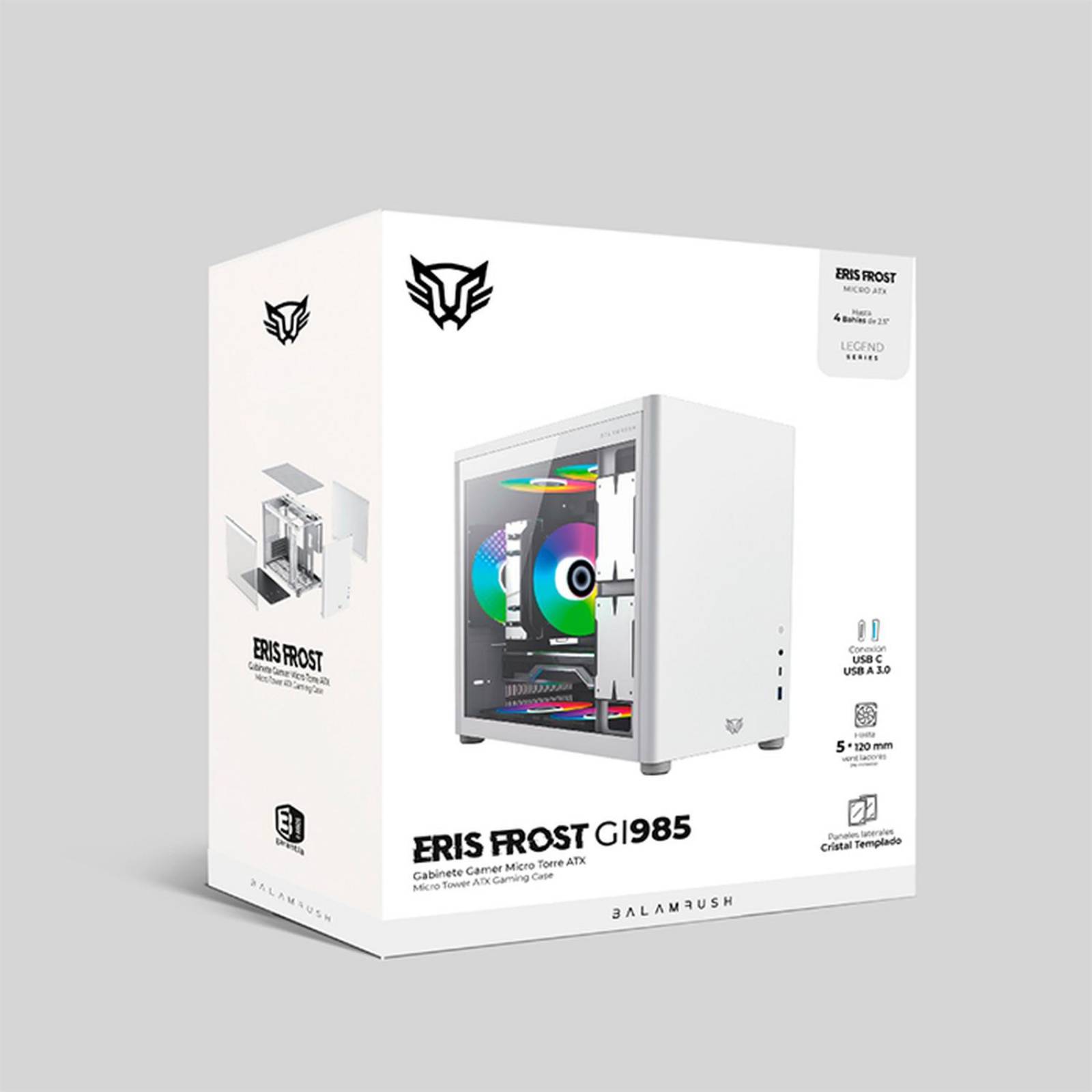 Gabinete Gamer BALAM RUSH ERIS FROST GI985 M-ATX Mini Torre Cristal Templado USB-C Blanco BR-935647