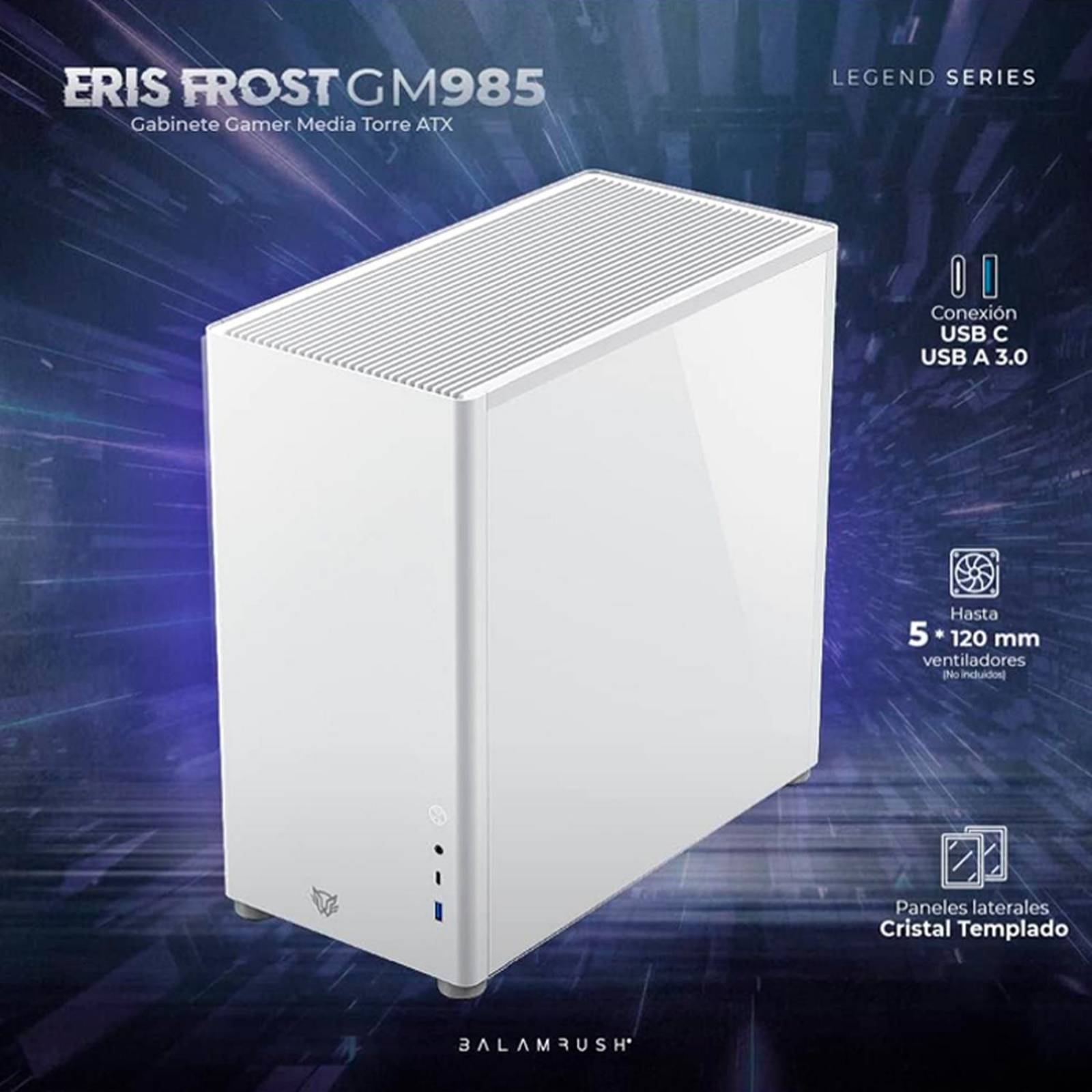 Gabinete Gamer BALAM RUSH ERIS FROST GM985 ATX Media Torre Cristal templado USB-C Blanco BR-935678
