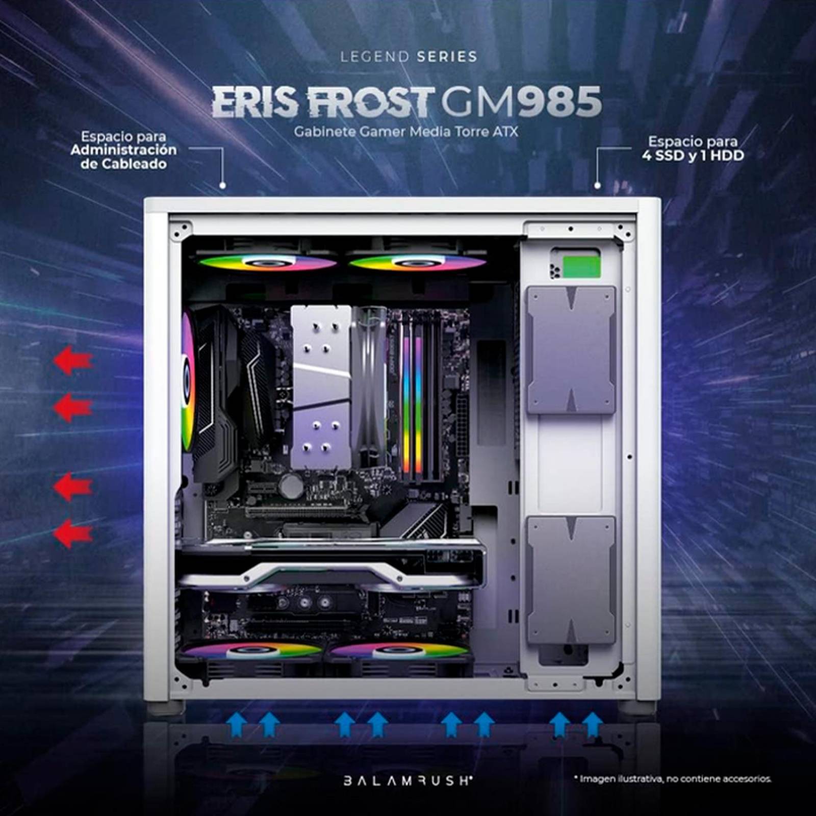 Gabinete Gamer BALAM RUSH ERIS FROST GM985 ATX Media Torre Cristal templado USB-C Blanco BR-935678