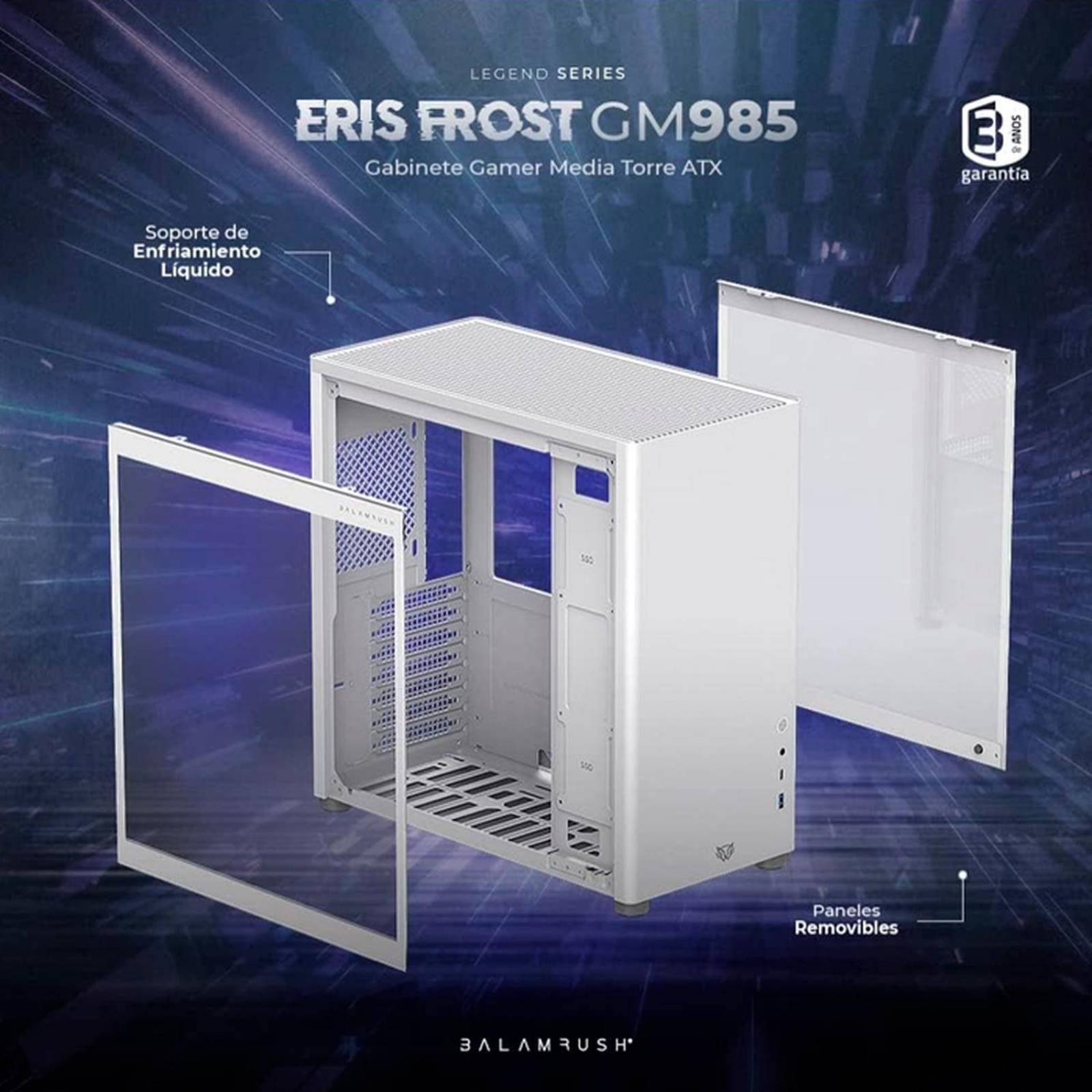 Gabinete Gamer BALAM RUSH ERIS FROST GM985 ATX Media Torre Cristal templado USB-C Blanco BR-935678