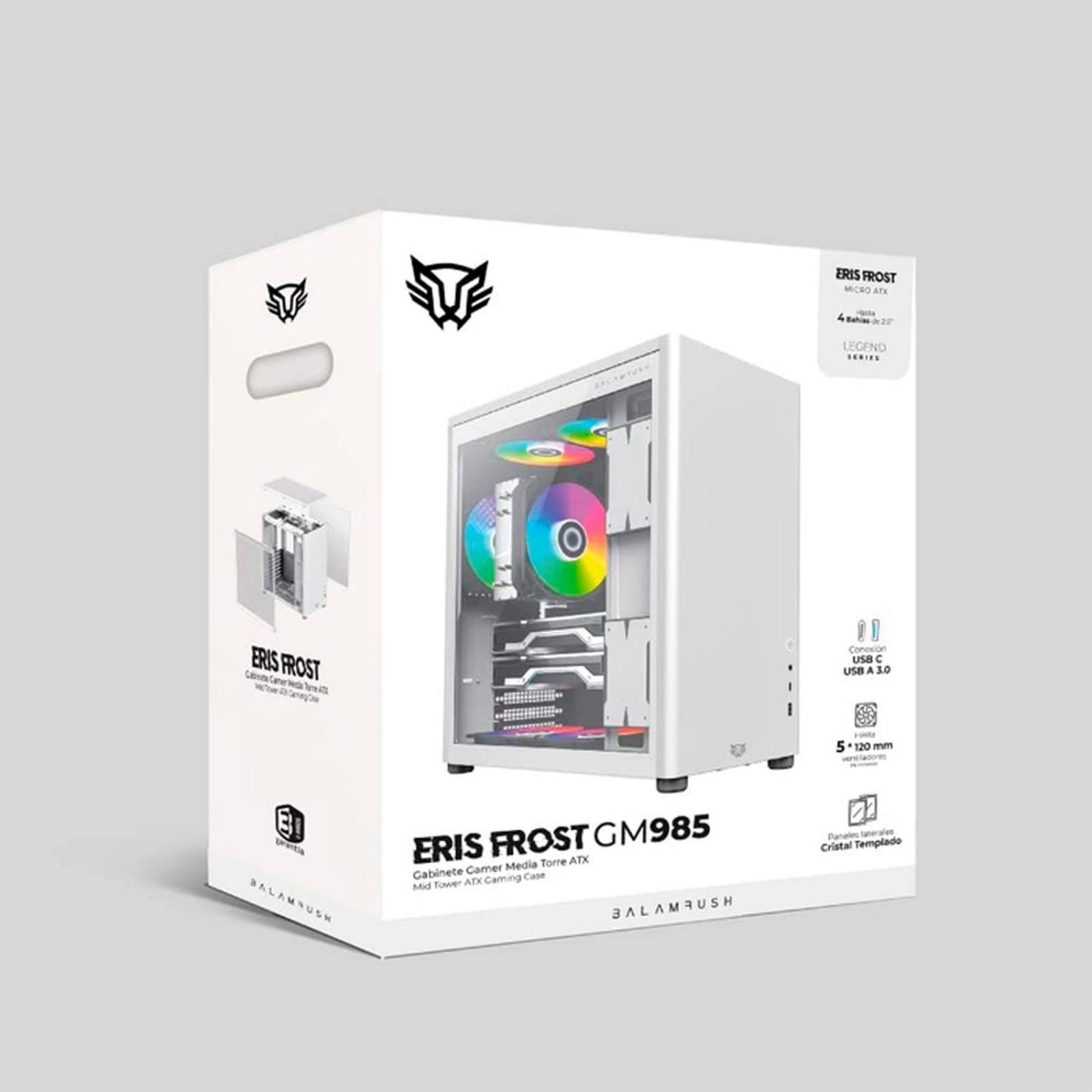 Gabinete Gamer BALAM RUSH ERIS FROST GM985 ATX Media Torre Cristal templado USB-C Blanco BR-935678