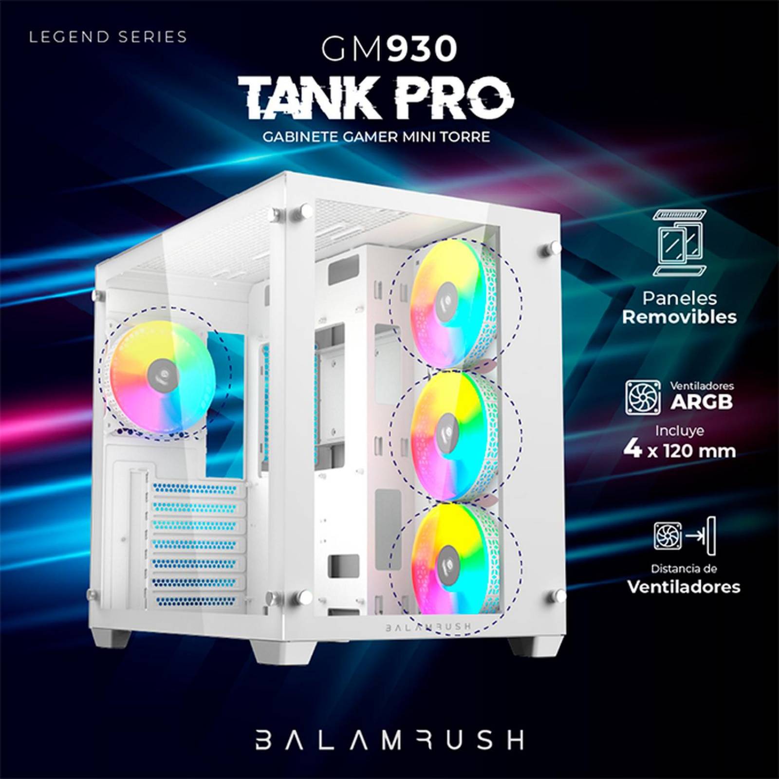 Gabinete Gamer BALAM RUSH TANK PRO GM930 ATX Media Torre 4 Fan RGB USB 3.0 Blanco BR-935951 