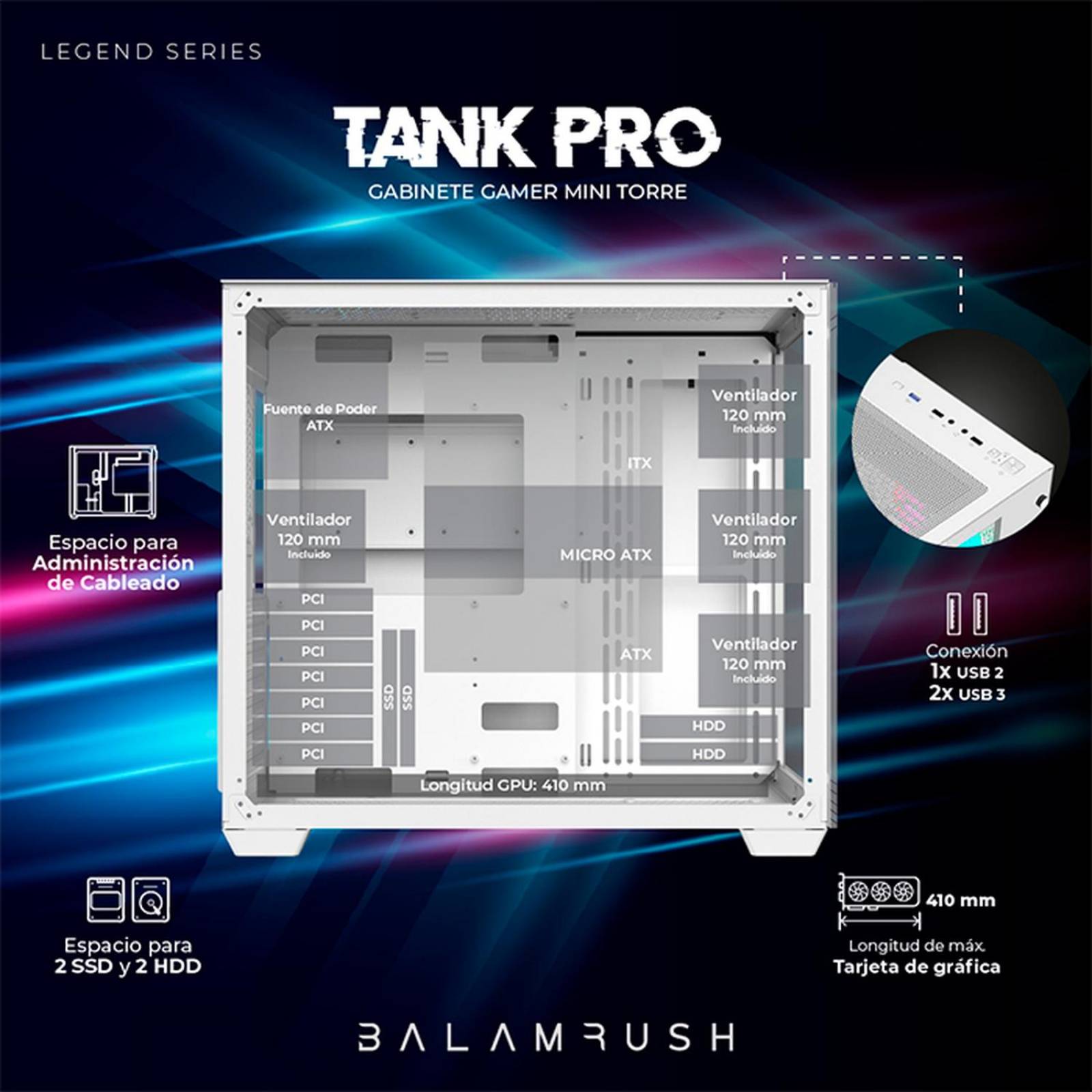 Gabinete Gamer BALAM RUSH TANK PRO GM930 ATX Media Torre 4 Fan RGB USB 3.0 Blanco BR-935951 