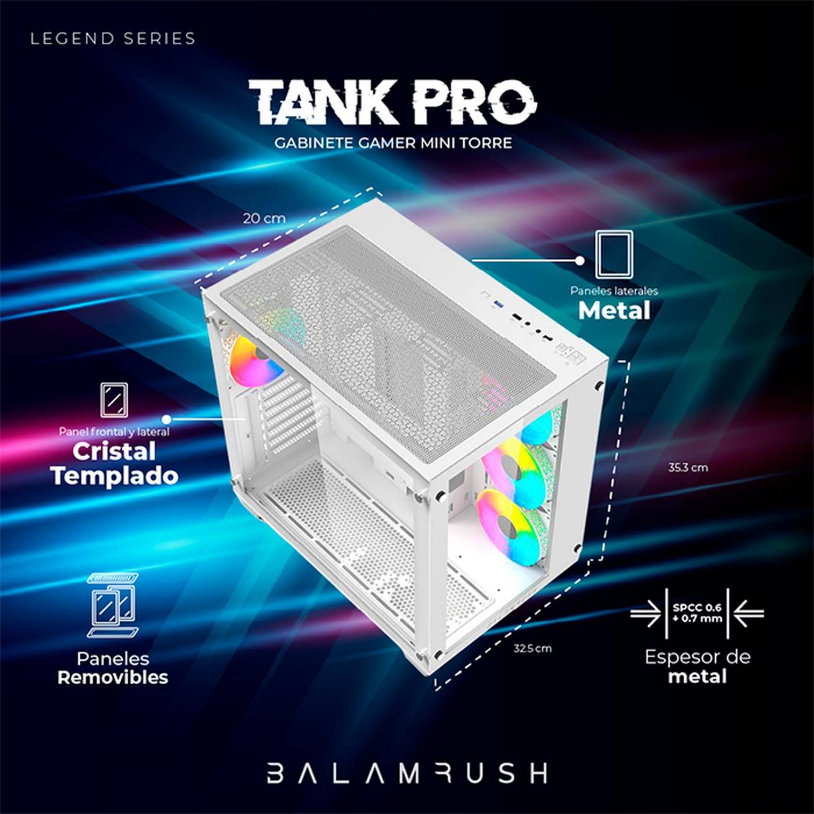 Gabinete Gamer BALAM RUSH TANK PRO GM930 ATX Media Torre 4 Fan RGB USB 3.0 Blanco BR-935951 