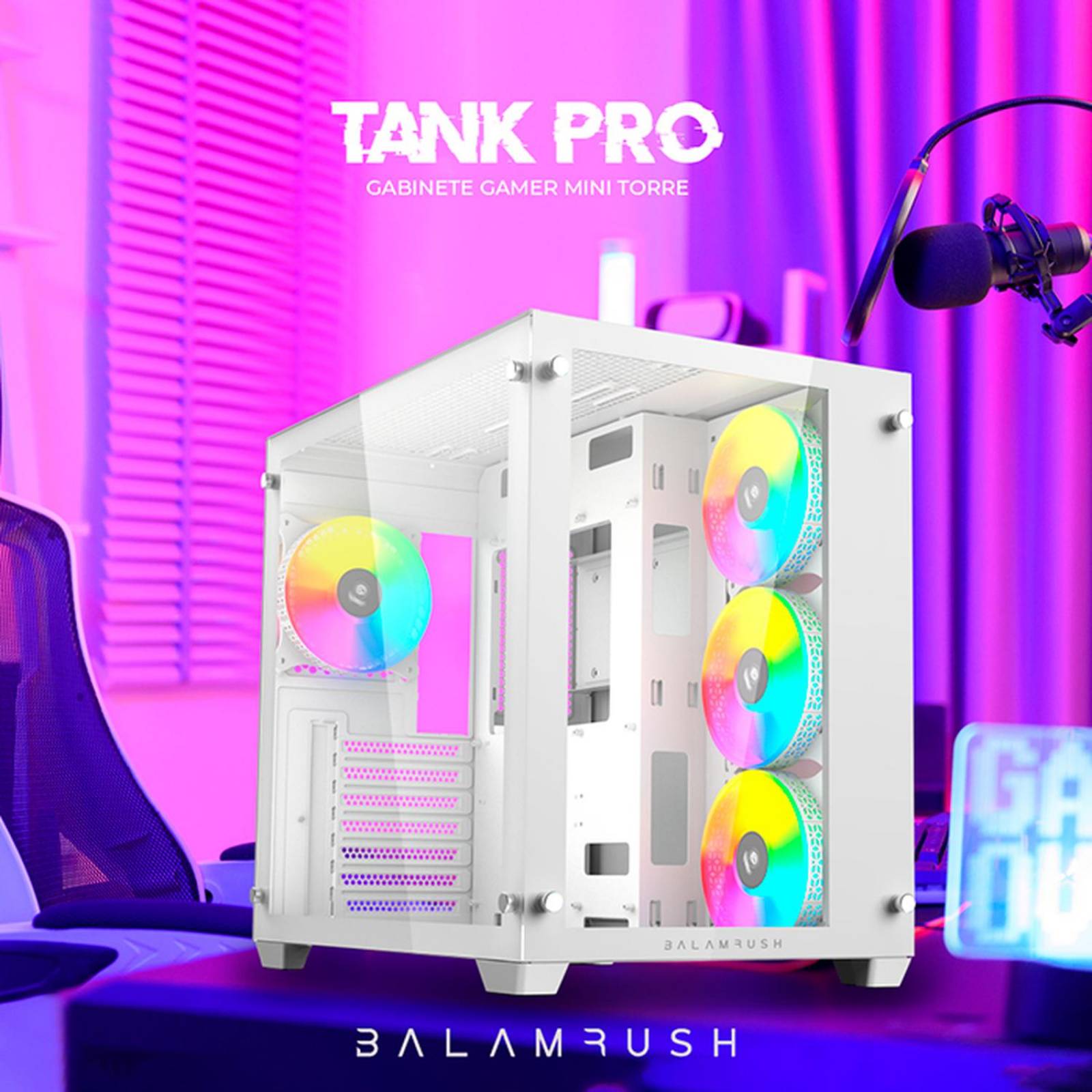 Gabinete Gamer BALAM RUSH TANK PRO GM930 ATX Media Torre 4 Fan RGB USB 3.0 Blanco BR-935951 