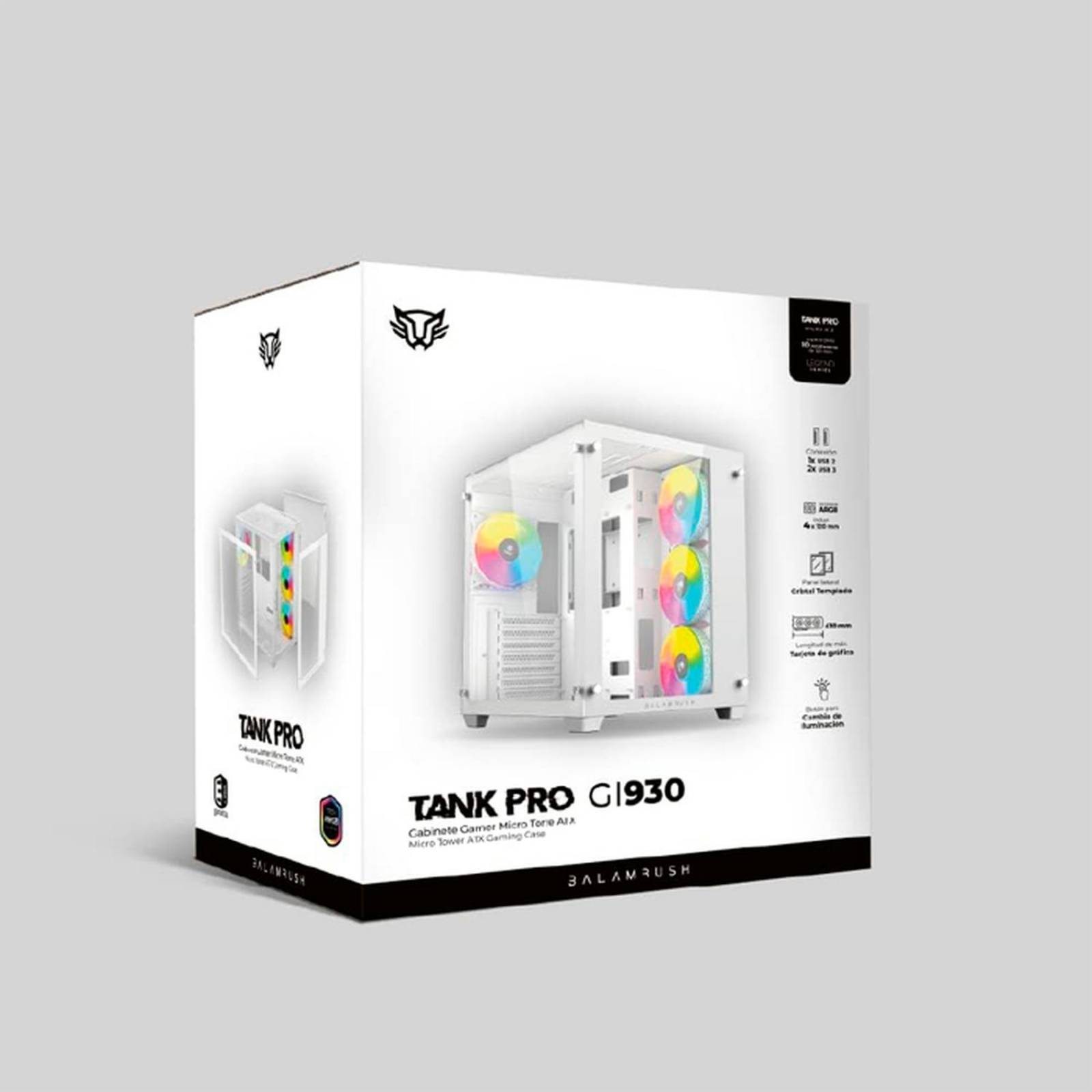 Gabinete Gamer BALAM RUSH TANK PRO GM930 ATX Media Torre 4 Fan RGB USB 3.0 Blanco BR-935951 