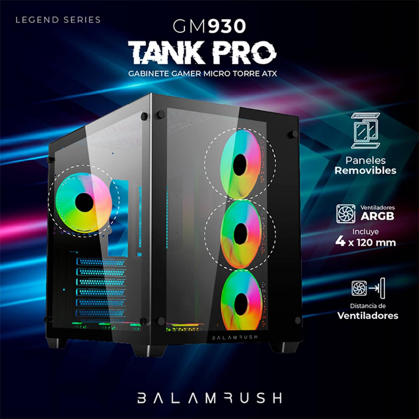 Gabinete Gamer BALAM RUSH TANK PRO GM930 ATX Media Torre 4 Fan RGB USB 3.0 Negro BR-935944 