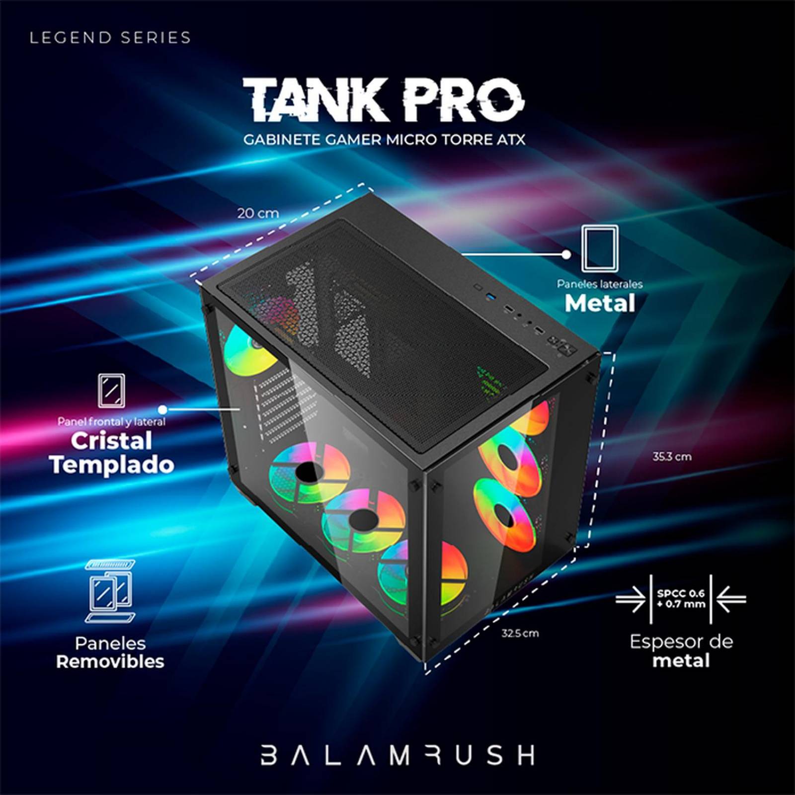 Gabinete Gamer BALAM RUSH TANK PRO GM930 ATX Media Torre 4 Fan RGB USB 3.0 Negro BR-935944 