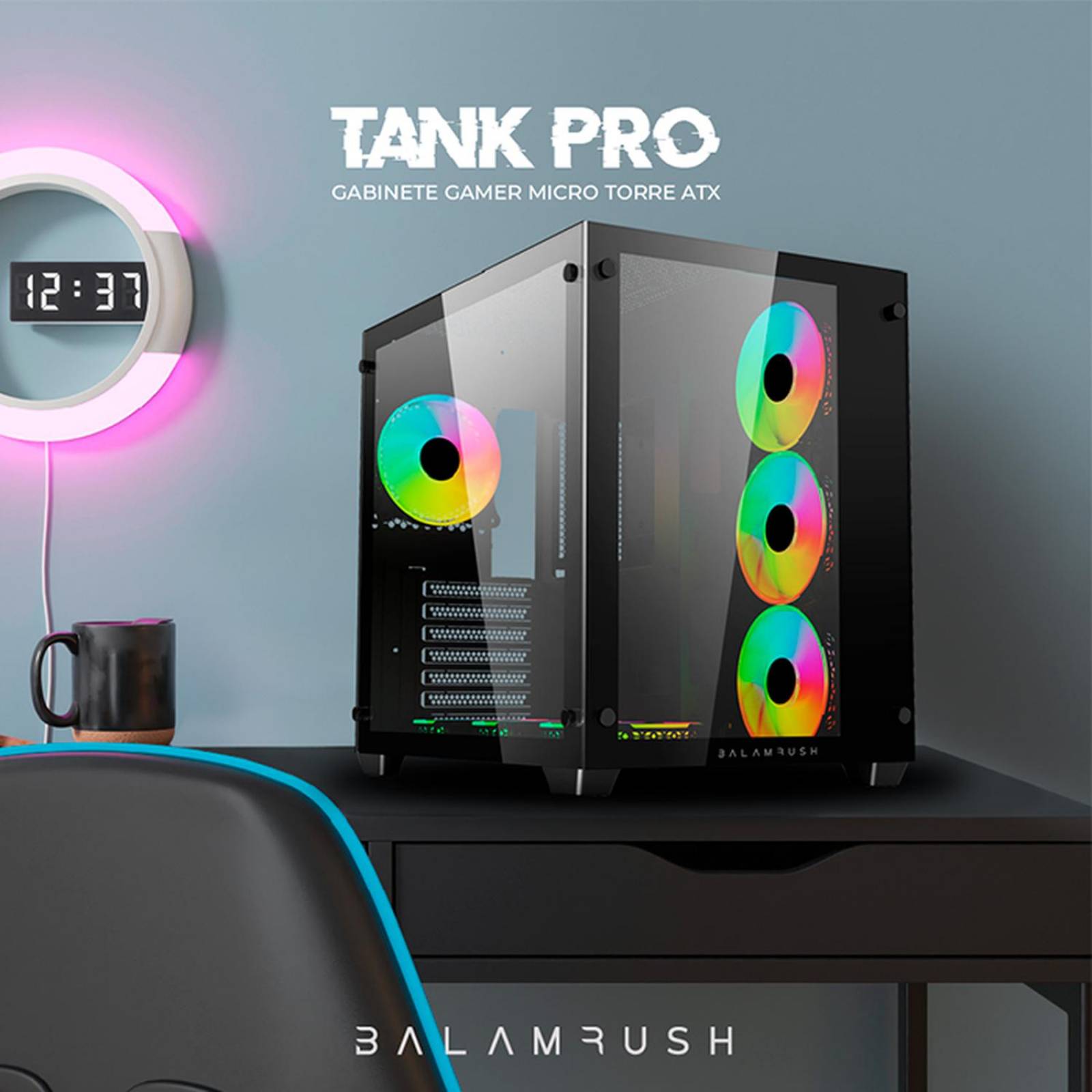 Gabinete Gamer BALAM RUSH TANK PRO GM930 ATX Media Torre 4 Fan RGB USB 3.0 Negro BR-935944 