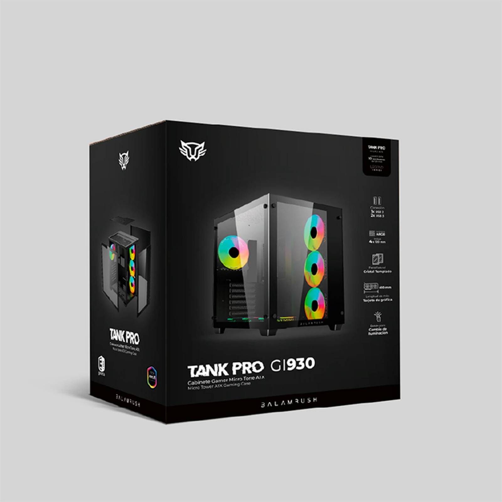 Gabinete Gamer BALAM RUSH TANK PRO GM930 ATX Media Torre 4 Fan RGB USB 3.0 Negro BR-935944 