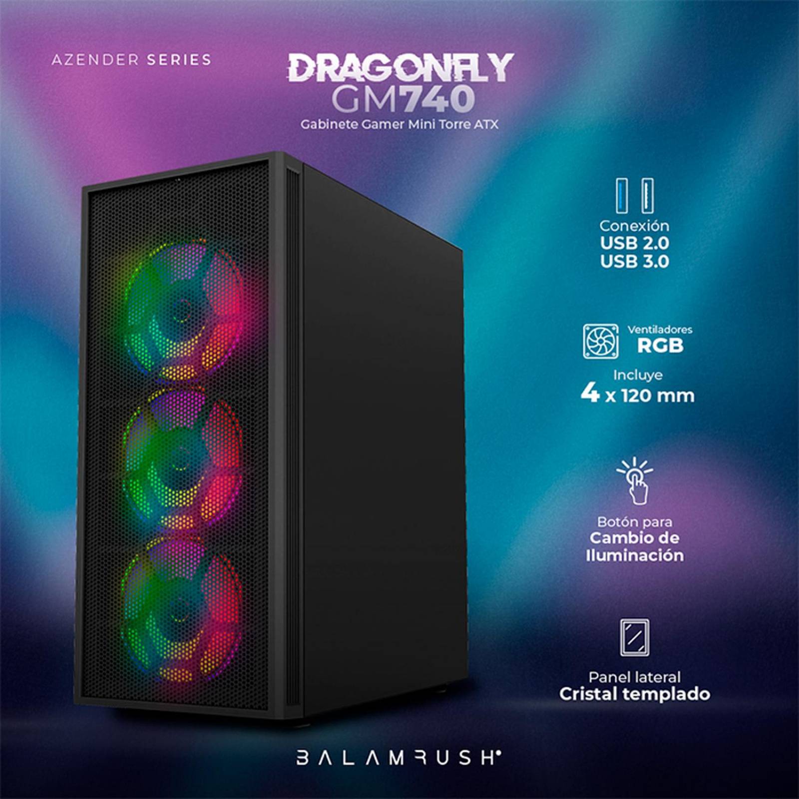Gabinete Gamer BALAM RUSH DRAGONFLY II MESH GM740 ATX Media Torre 4 Fan RGB Cristal TempladoUSB 3.0 Negro BR-935982 