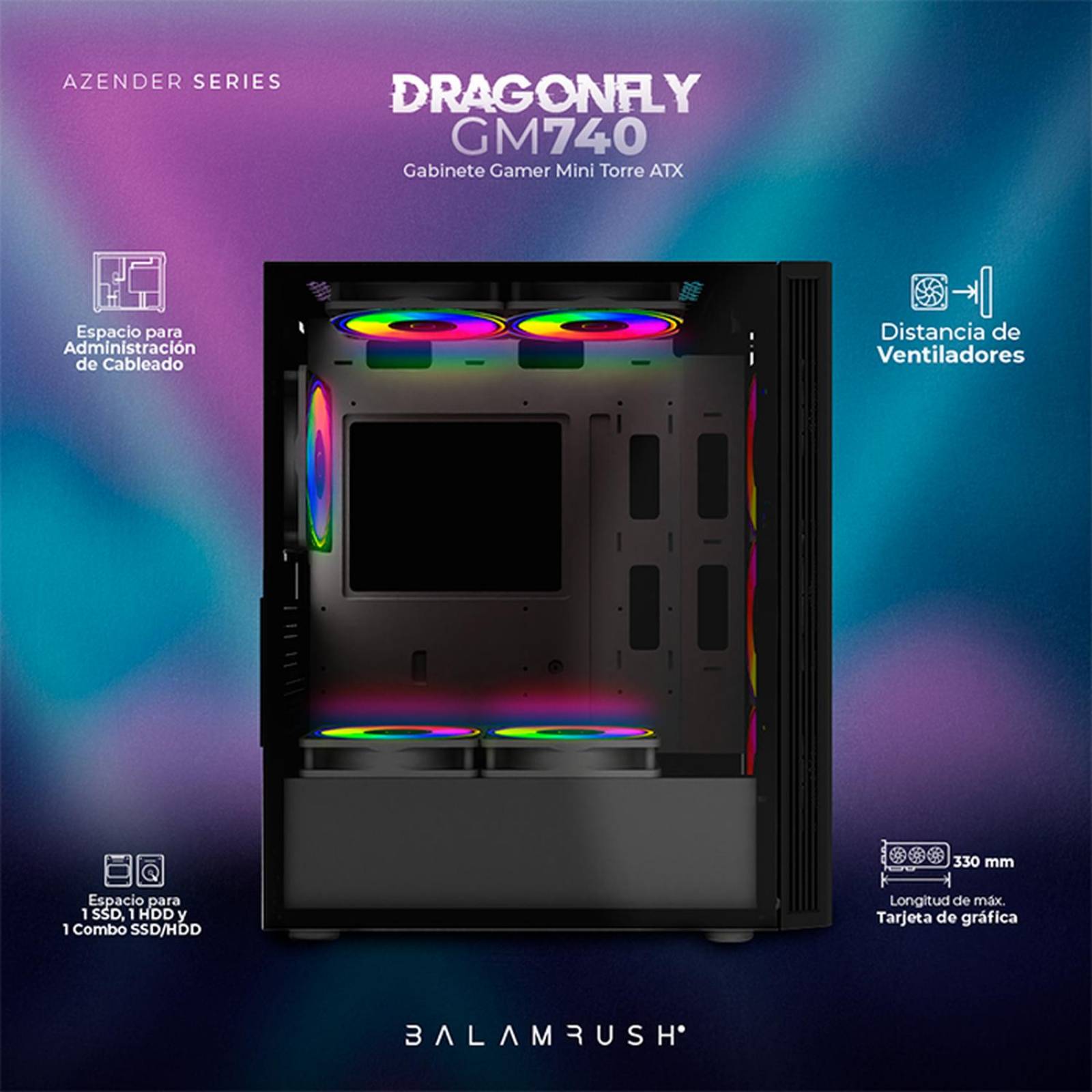 Gabinete Gamer BALAM RUSH DRAGONFLY II MESH GM740 ATX Media Torre 4 Fan RGB Cristal TempladoUSB 3.0 Negro BR-935982 