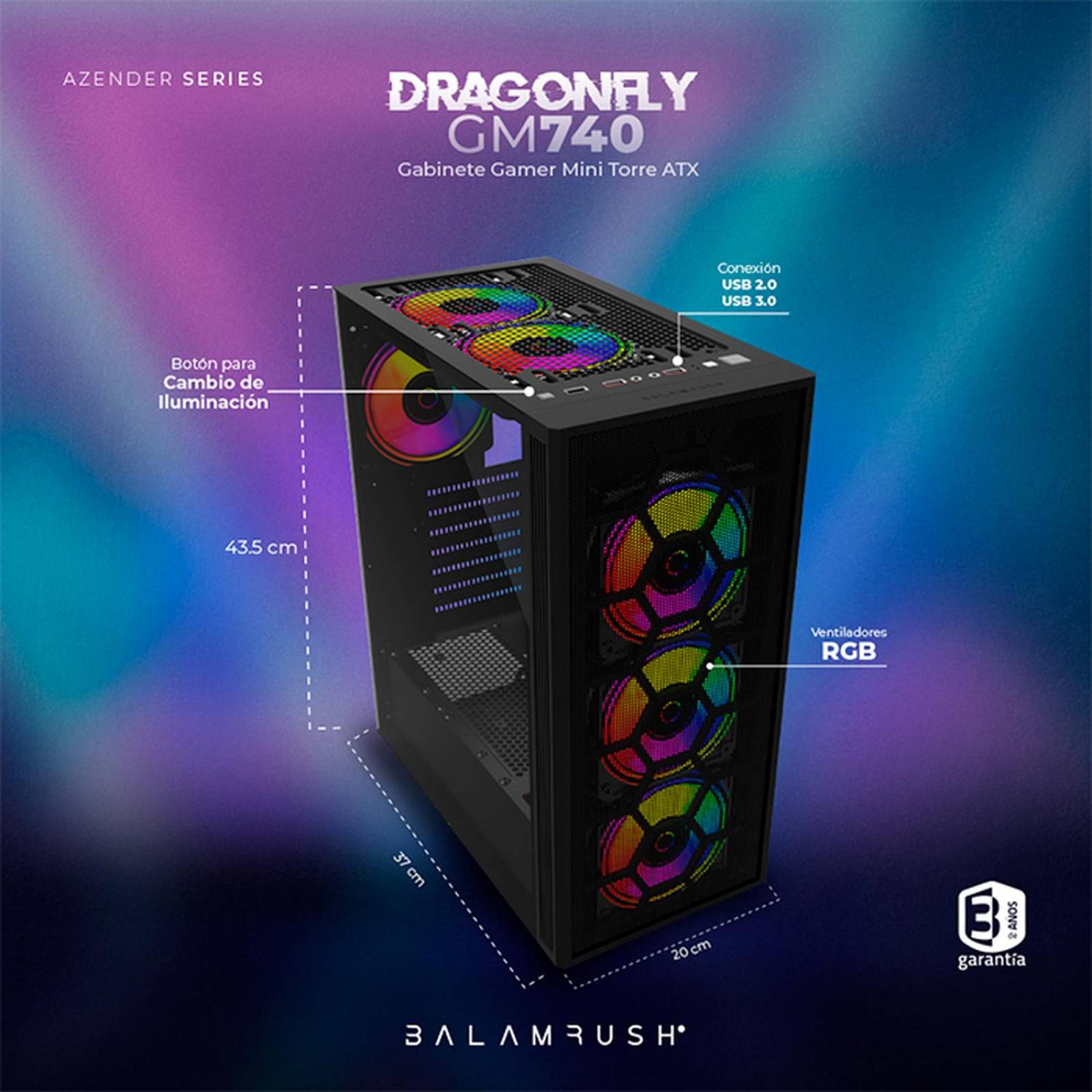 Gabinete Gamer BALAM RUSH DRAGONFLY II MESH GM740 ATX Media Torre 4 Fan RGB Cristal TempladoUSB 3.0 Negro BR-935982 