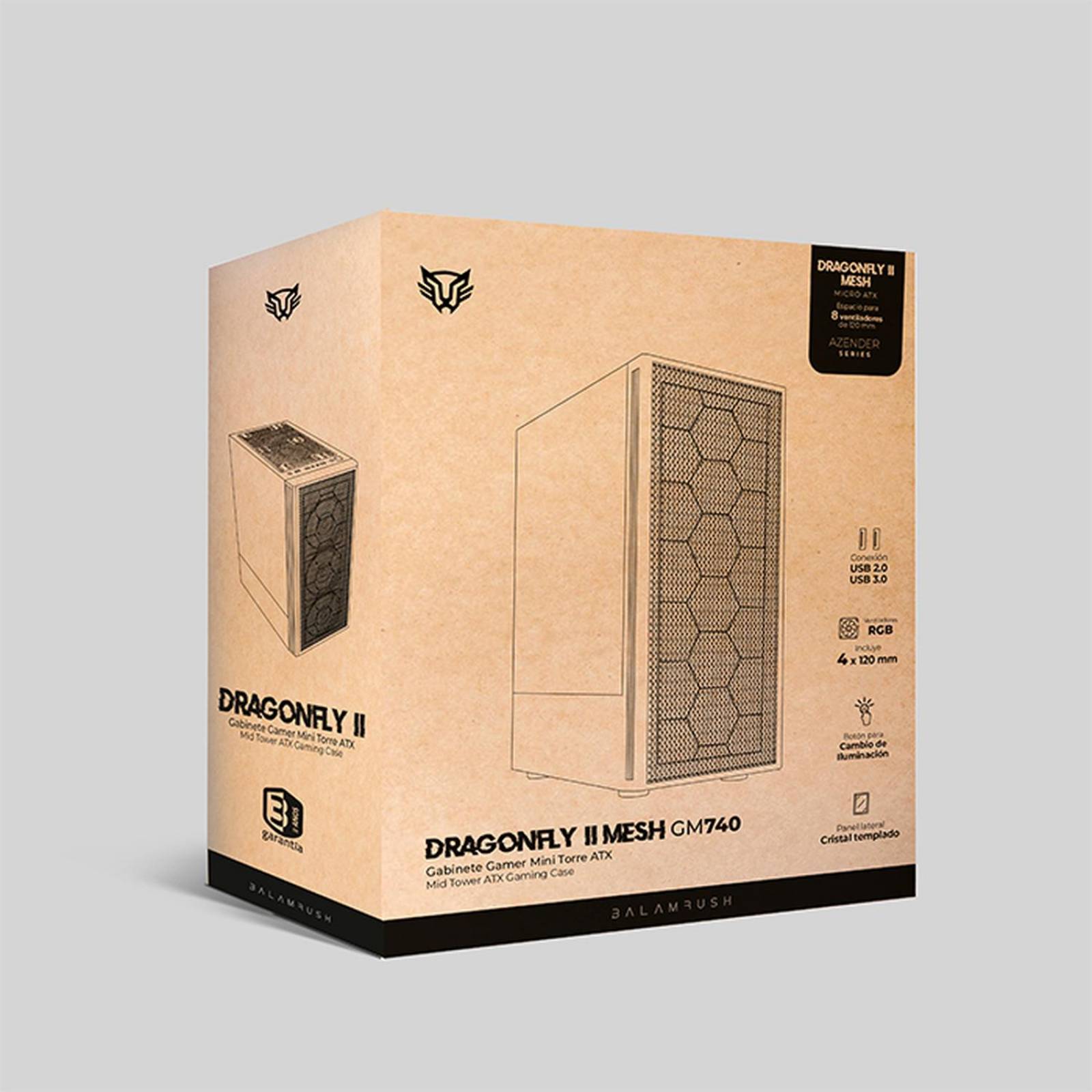 Gabinete Gamer BALAM RUSH DRAGONFLY II MESH GM740 ATX Media Torre 4 Fan RGB Cristal TempladoUSB 3.0 Negro BR-935982 