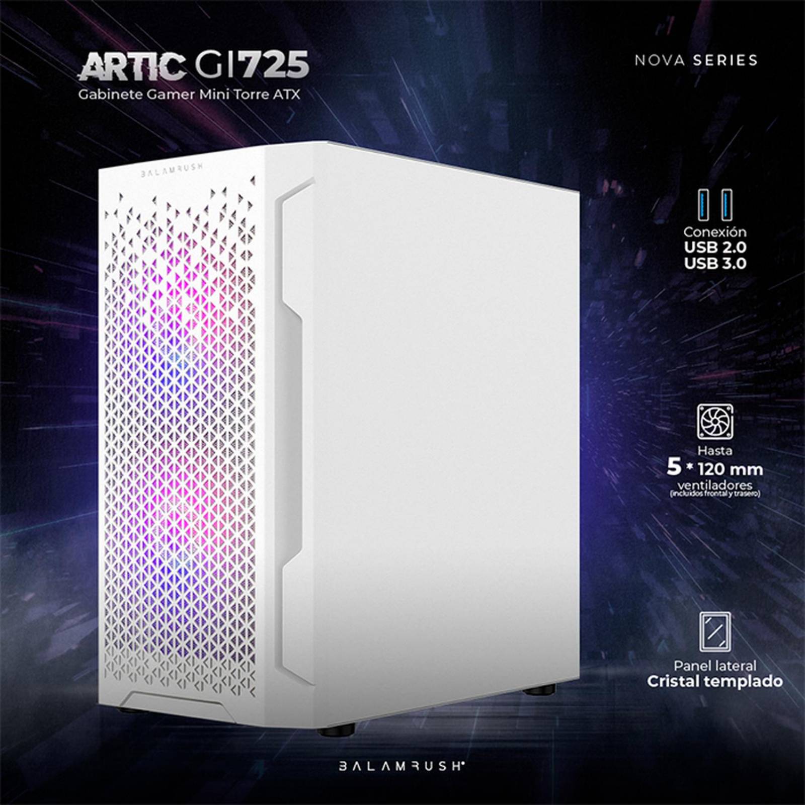 Gabinete Gamer BALAM RUSH ARTIC GI725 M-Atx Mini Torre 3 Fan Blanco BR-936125 