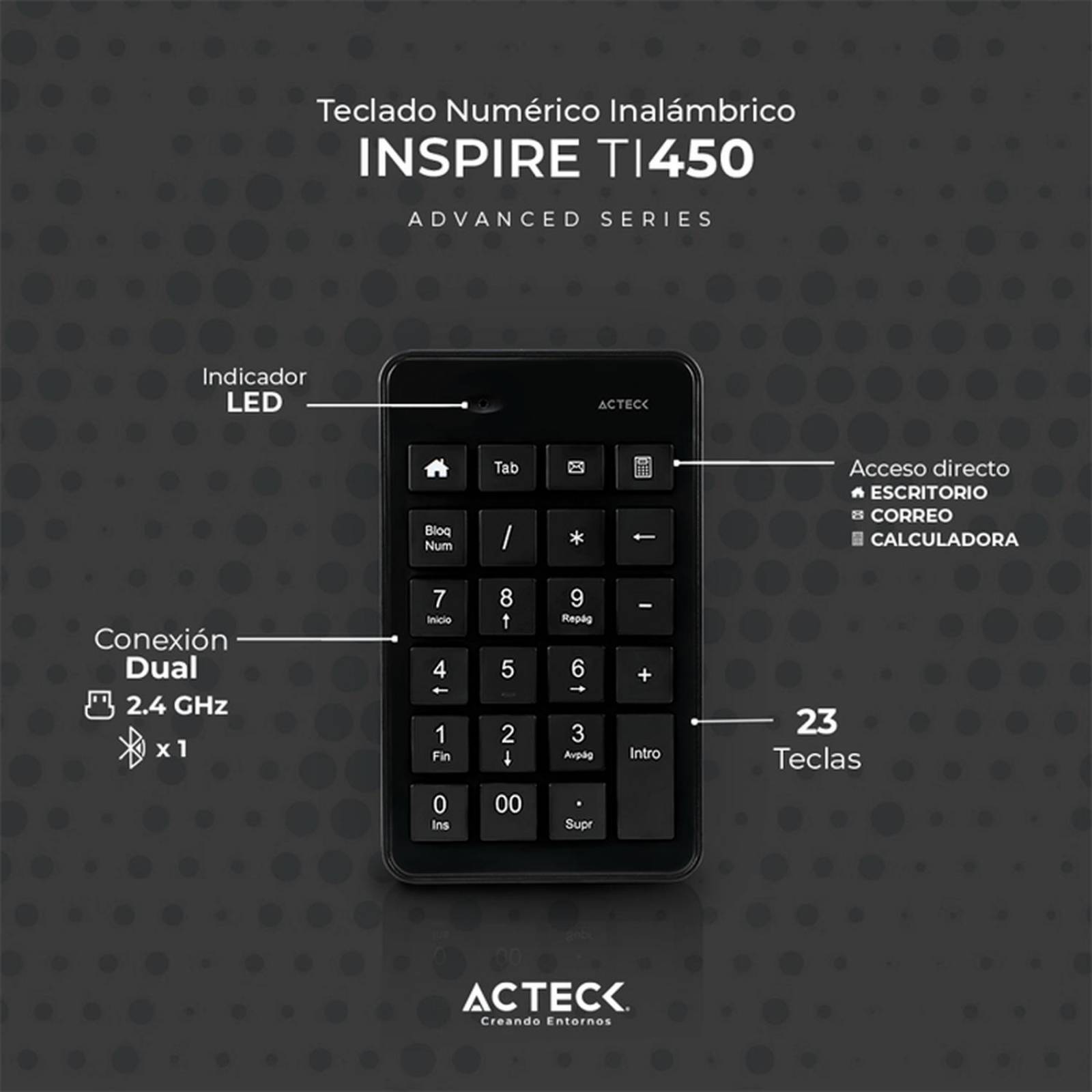 Teclado Numerico ACTECK Inspire PAD TN450 Inalambrico USB 2.4Ghz Negro AC-934176 