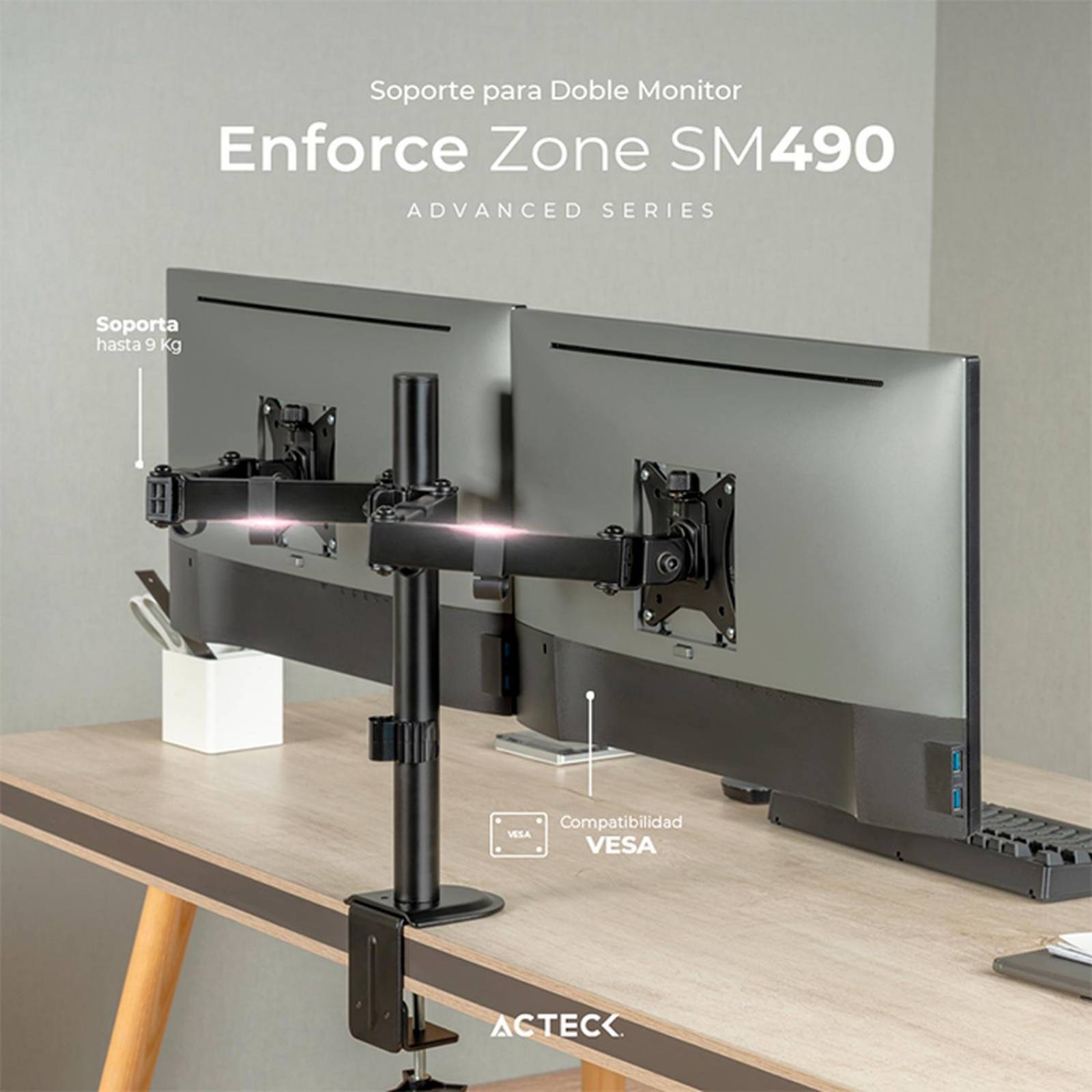 Soporte de Escritorio ACTECK ENFORCE ZONE SM490 Para Monitor Doble Ajustable Negro AC-934602 