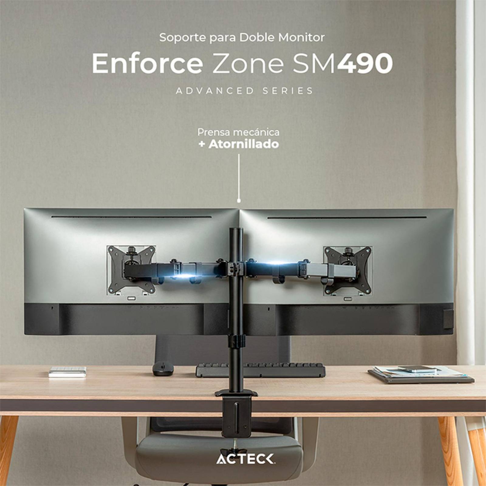 Soporte de Escritorio ACTECK ENFORCE ZONE SM490 Para Monitor Doble Ajustable Negro AC-934602 