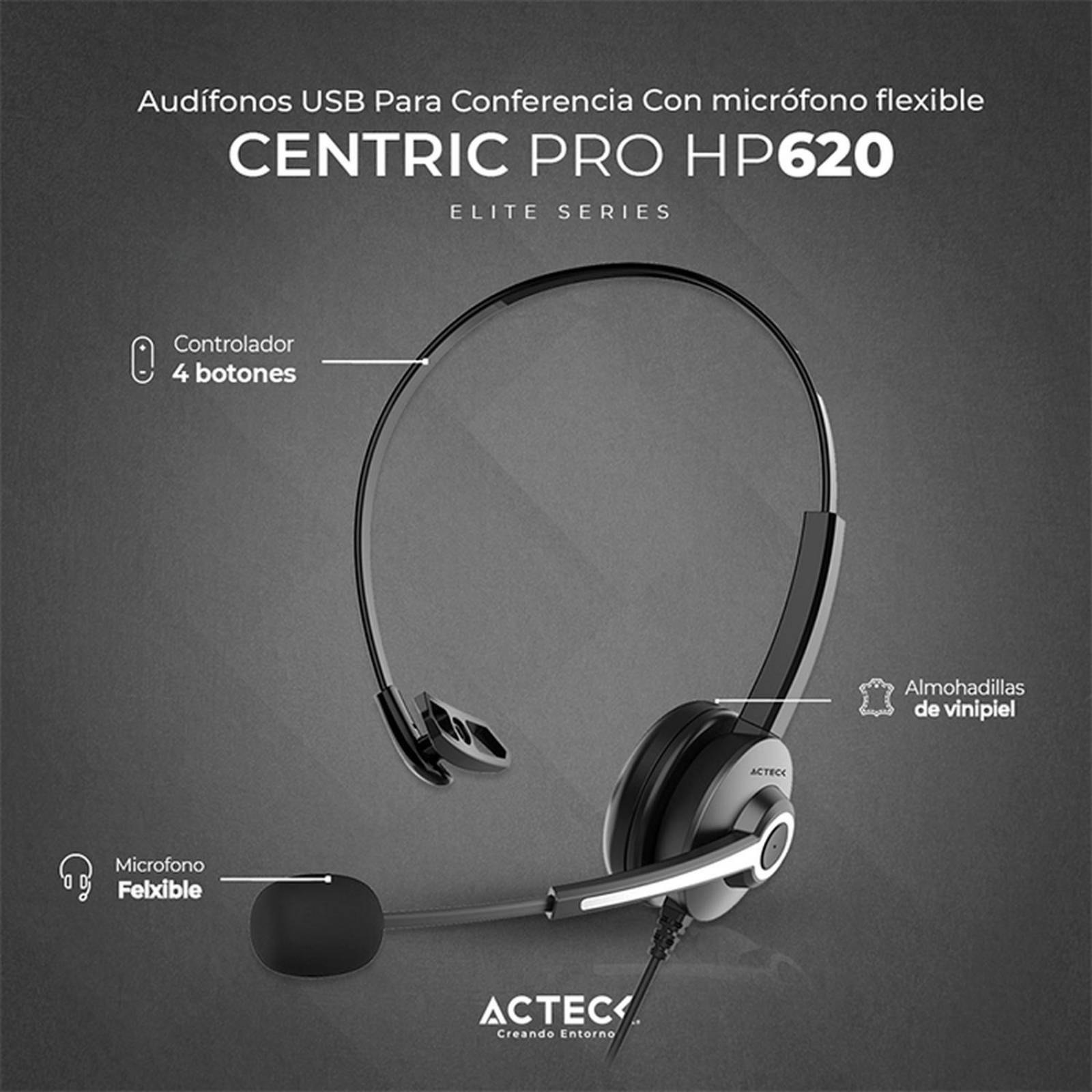 Audifono Diadema para Call Center ACTECK CENTRIC PRO HP620 Alambrico USB Negro AC-935326 